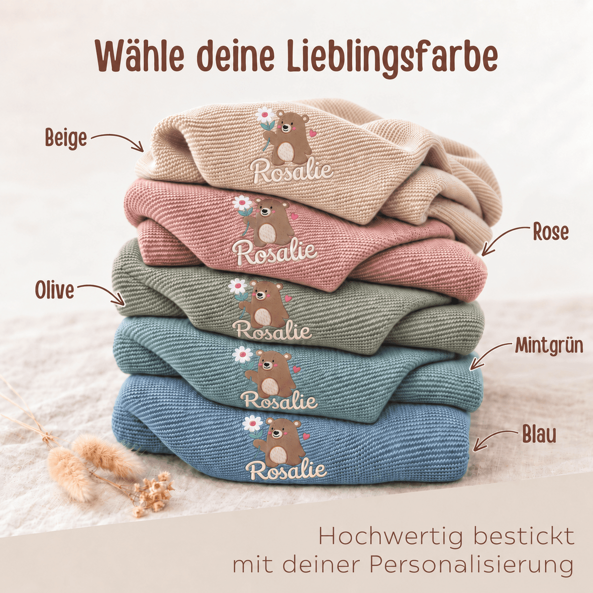 Baby Strickdecke aus 100% Bio-Baumwolle personalisiert - Bär mit Blume - wunderwunsch