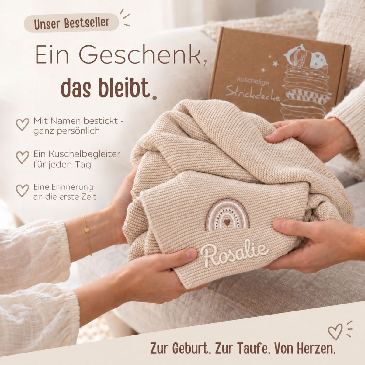 Baby Strickdecke aus 100% Bio-Baumwolle personalisiert - Regenbogen - wunderwunsch