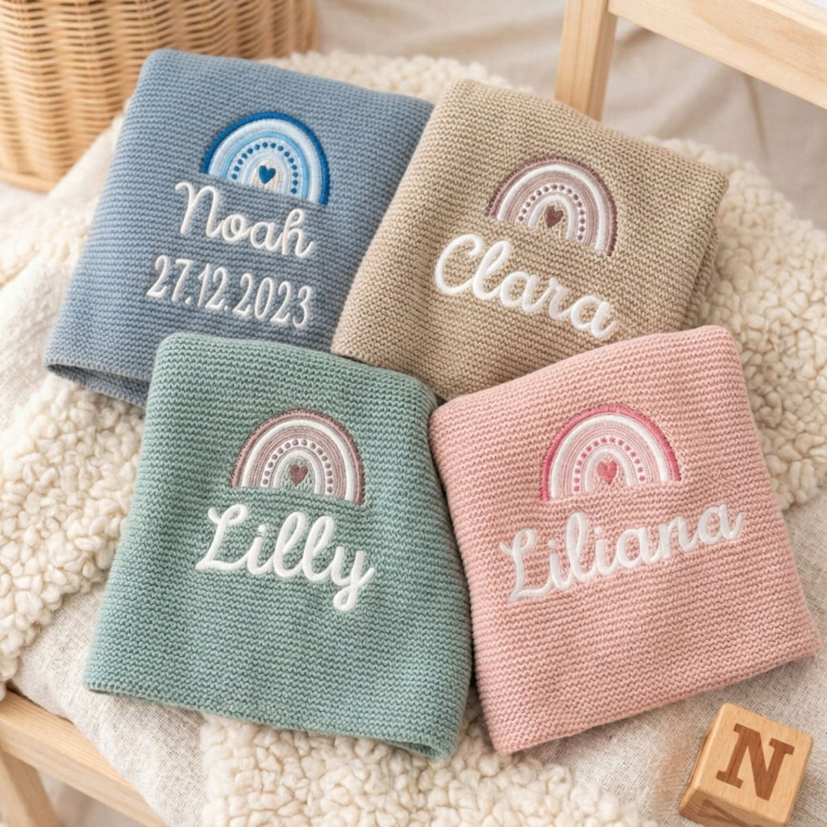 Baby Strickdecke aus 100% Bio-Baumwolle personalisiert - Regenbogen - wunderwunsch