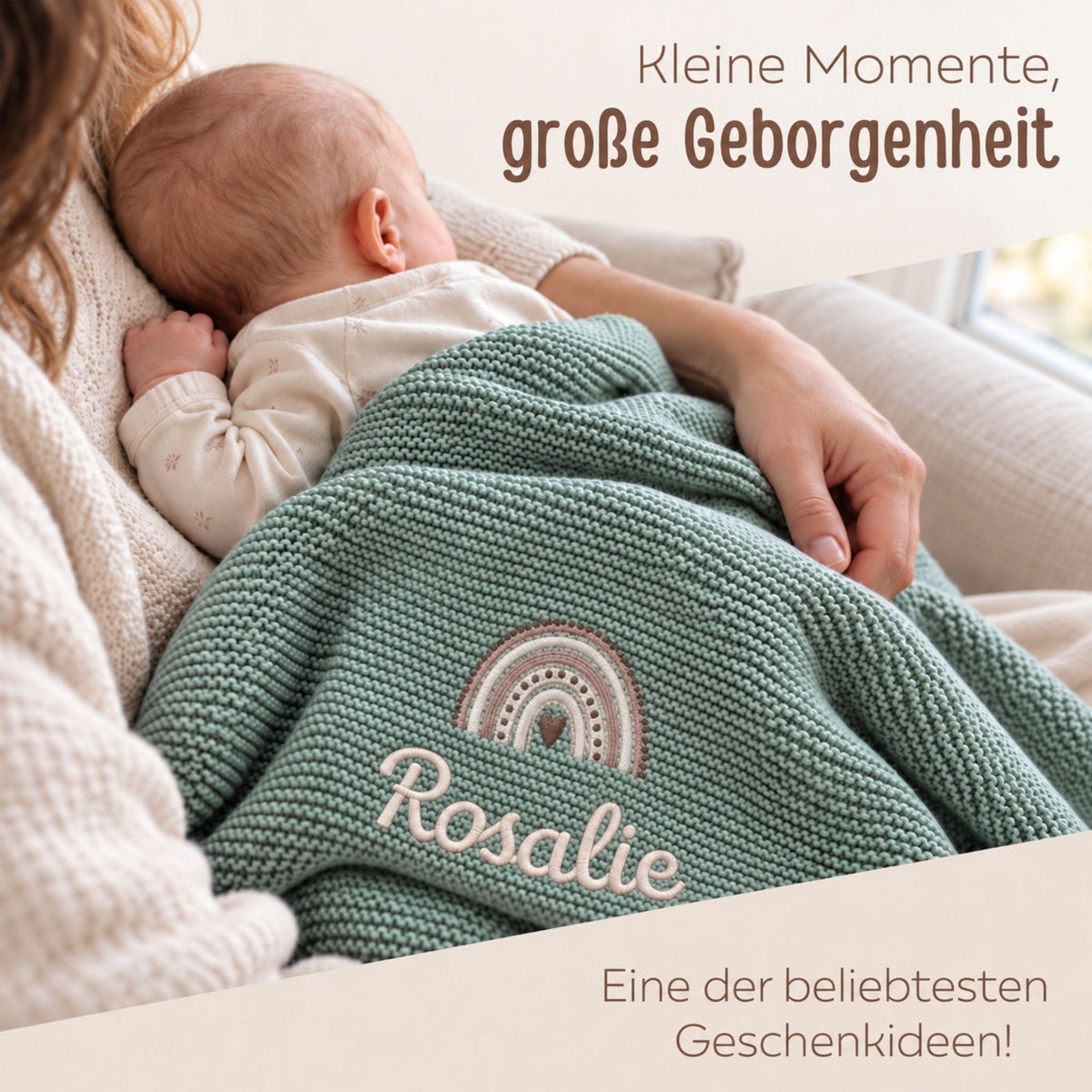 Baby Strickdecke aus 100% Bio-Baumwolle personalisiert - Regenbogen - wunderwunsch