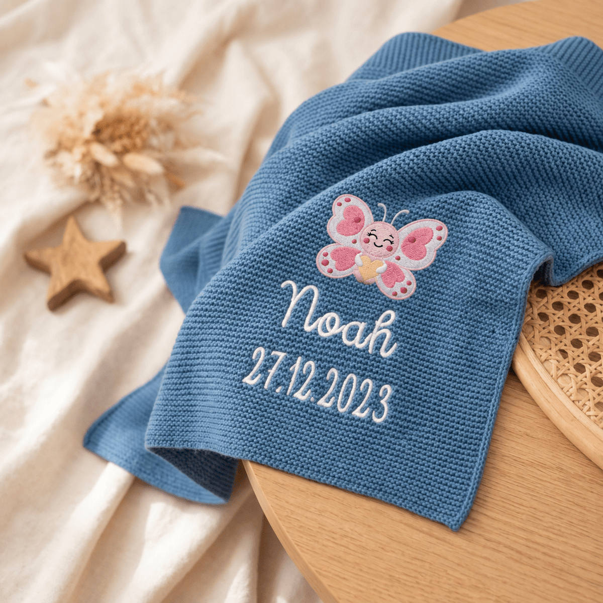 Baby Strickdecke aus 100% Bio-Baumwolle personalisiert - Schmetterling mit Herz - wunderwunsch