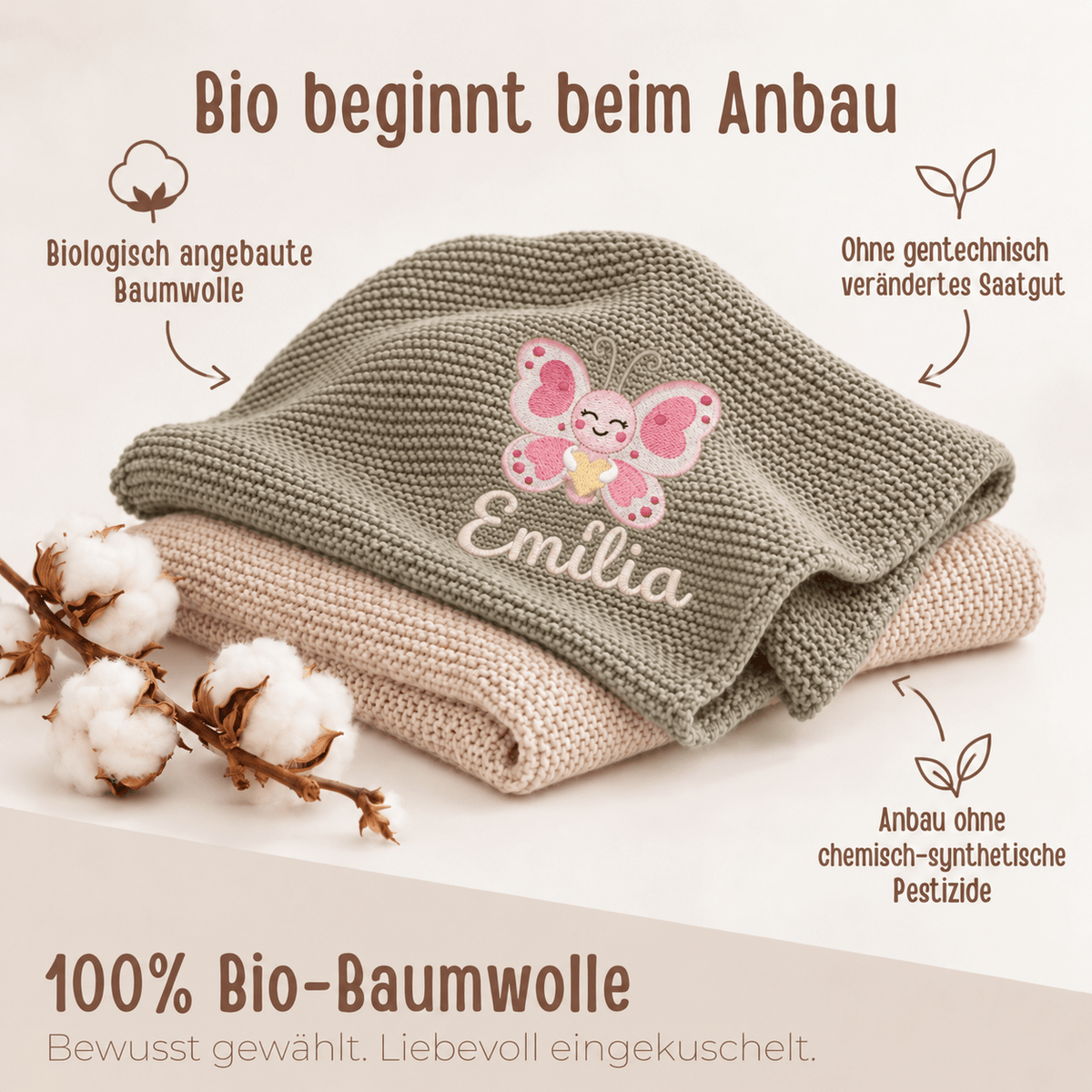 Baby Strickdecke aus 100% Bio-Baumwolle personalisiert - Schmetterling mit Herz - wunderwunsch