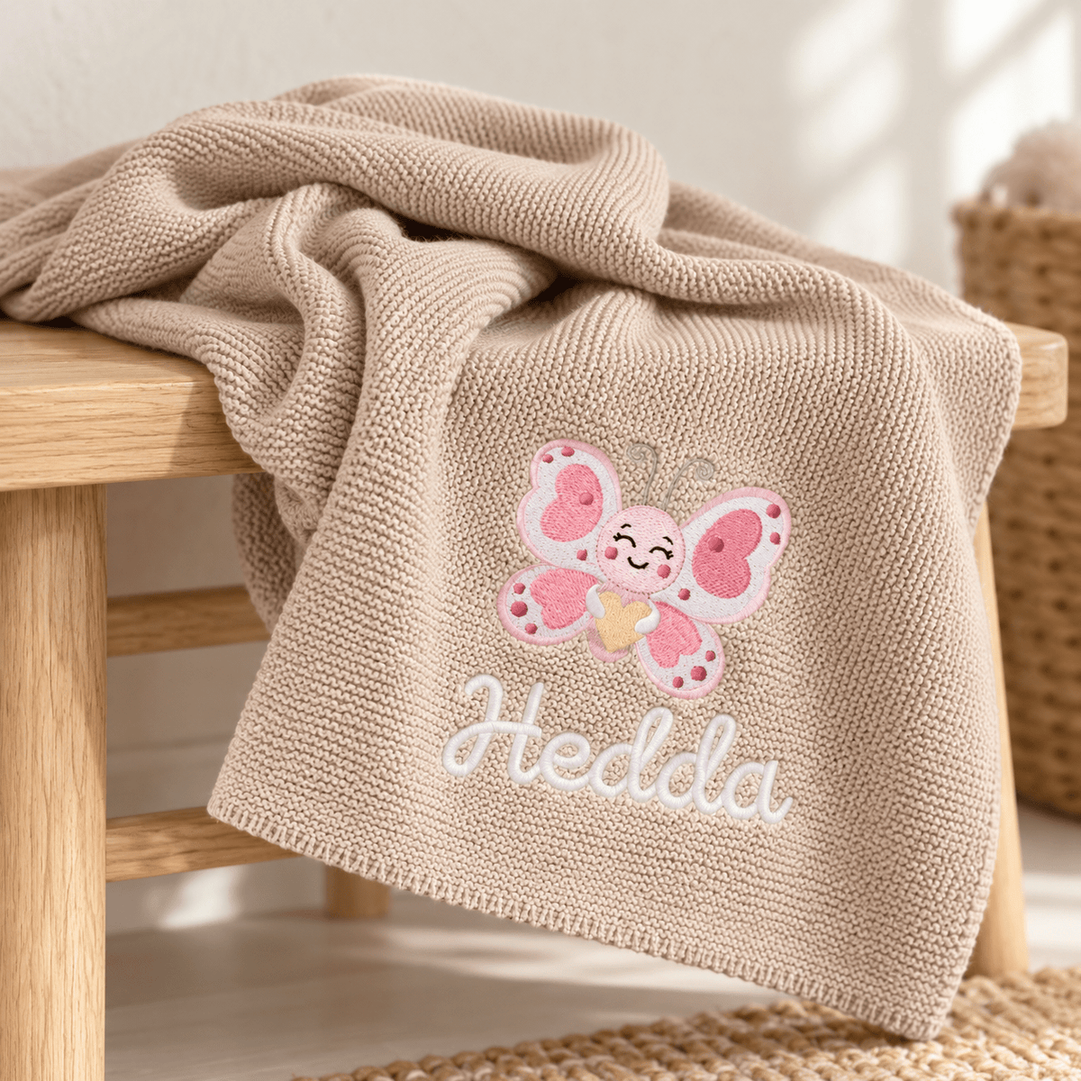 Baby Strickdecke aus 100% Bio-Baumwolle personalisiert - Schmetterling mit Herz - wunderwunsch
