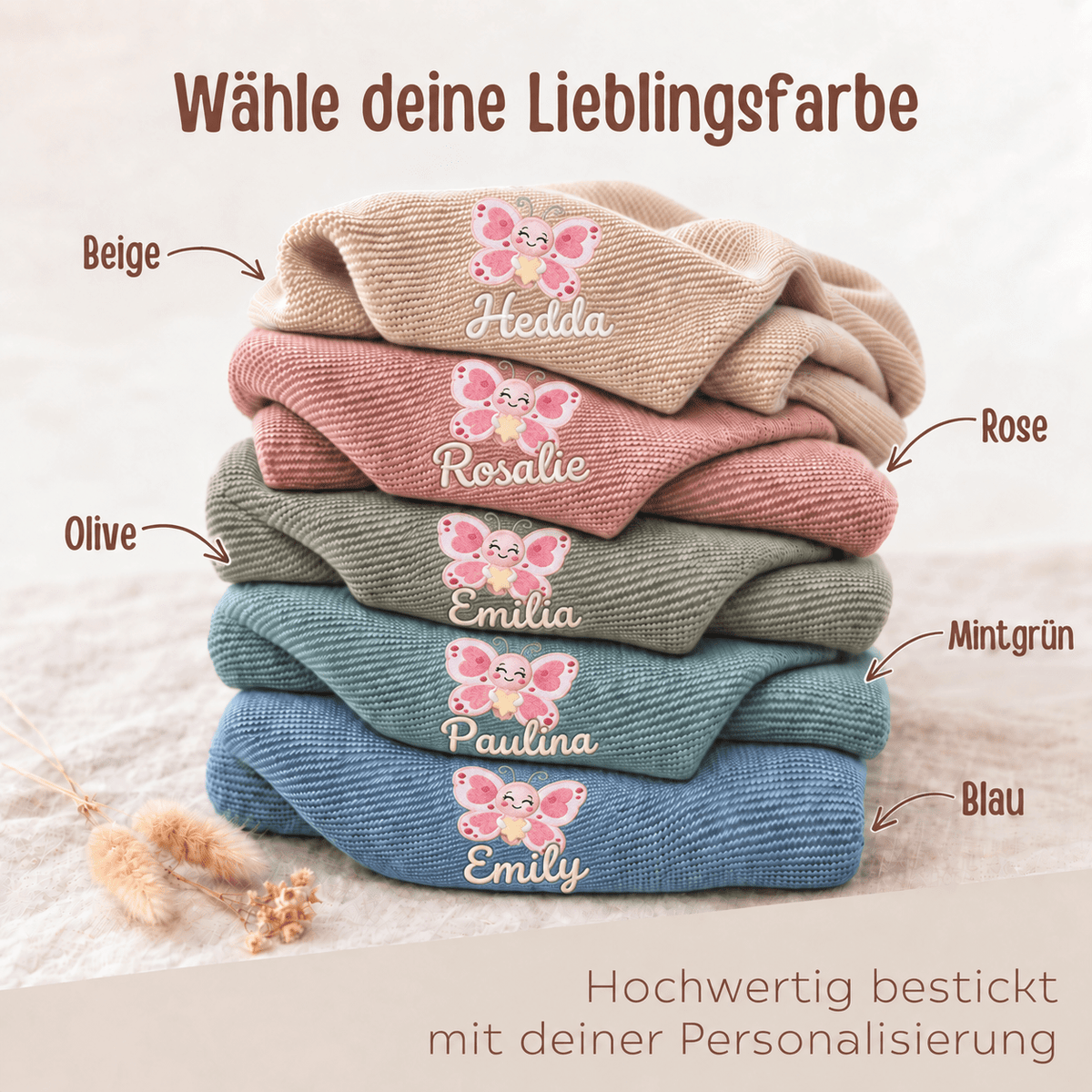 Baby Strickdecke aus 100% Bio-Baumwolle personalisiert - Schmetterling mit Herz - wunderwunsch