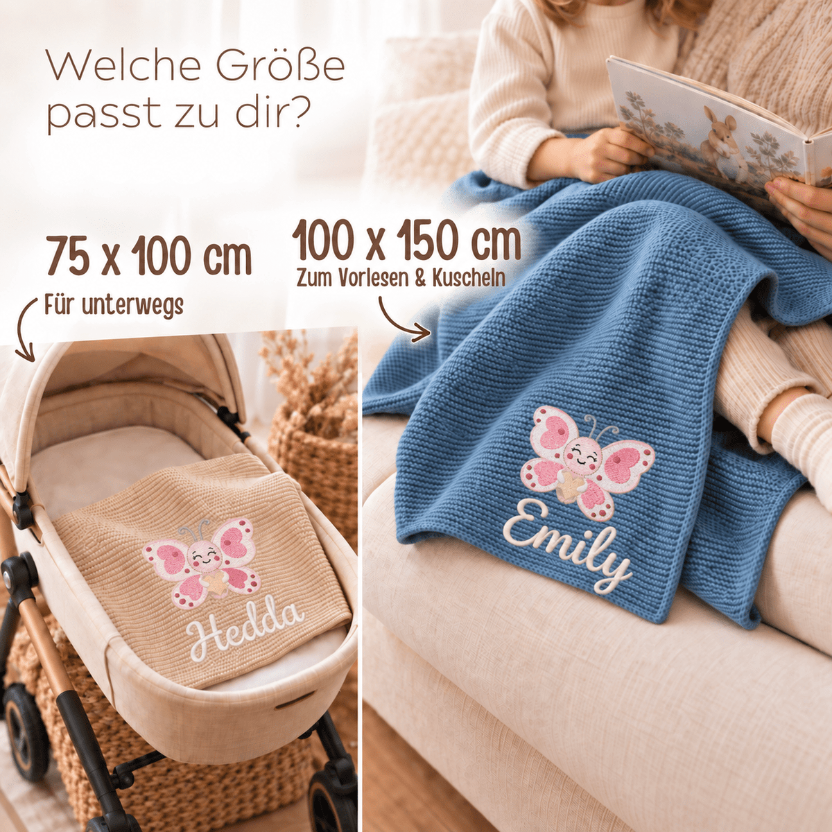 Baby Strickdecke aus 100% Bio-Baumwolle personalisiert - Schmetterling mit Herz - wunderwunsch