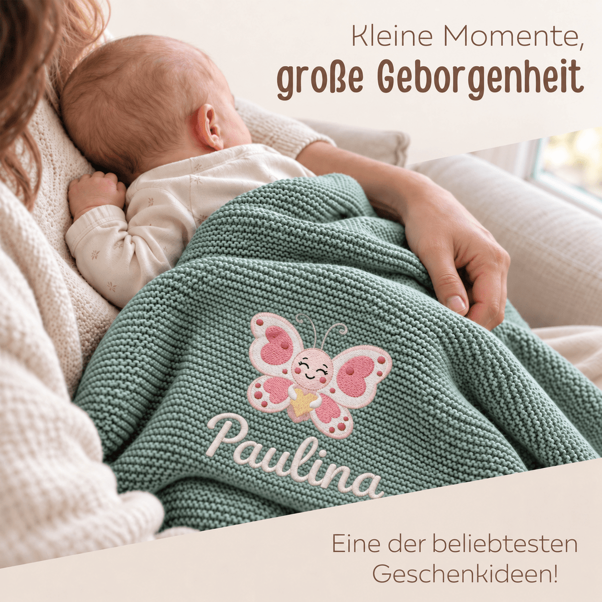 Baby Strickdecke aus 100% Bio-Baumwolle personalisiert - Schmetterling mit Herz - wunderwunsch