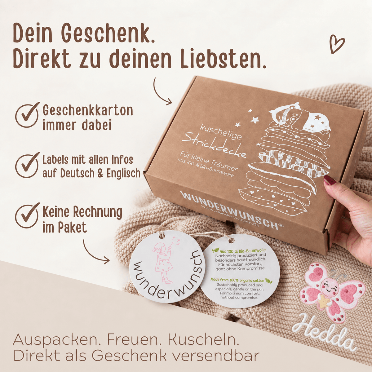 Baby Strickdecke aus 100% Bio-Baumwolle personalisiert - Schmetterling mit Herz - wunderwunsch