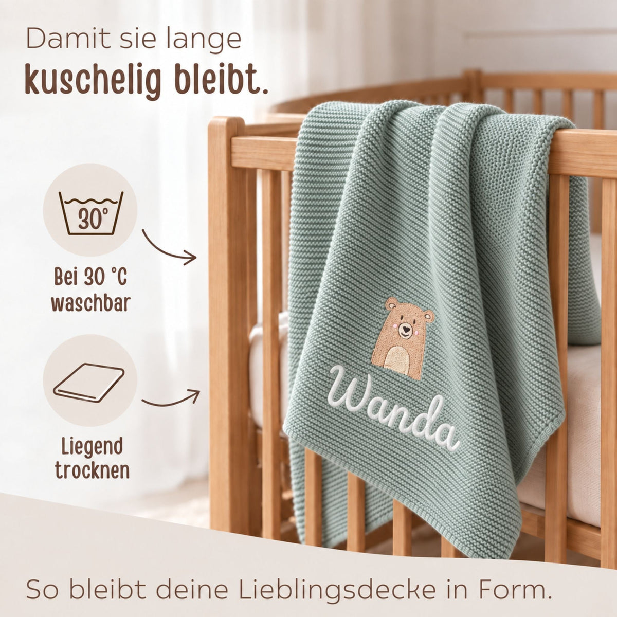 Baby Strickdecke aus 100% Bio-Baumwolle personalisiert - Tierkopf - wunderwunsch