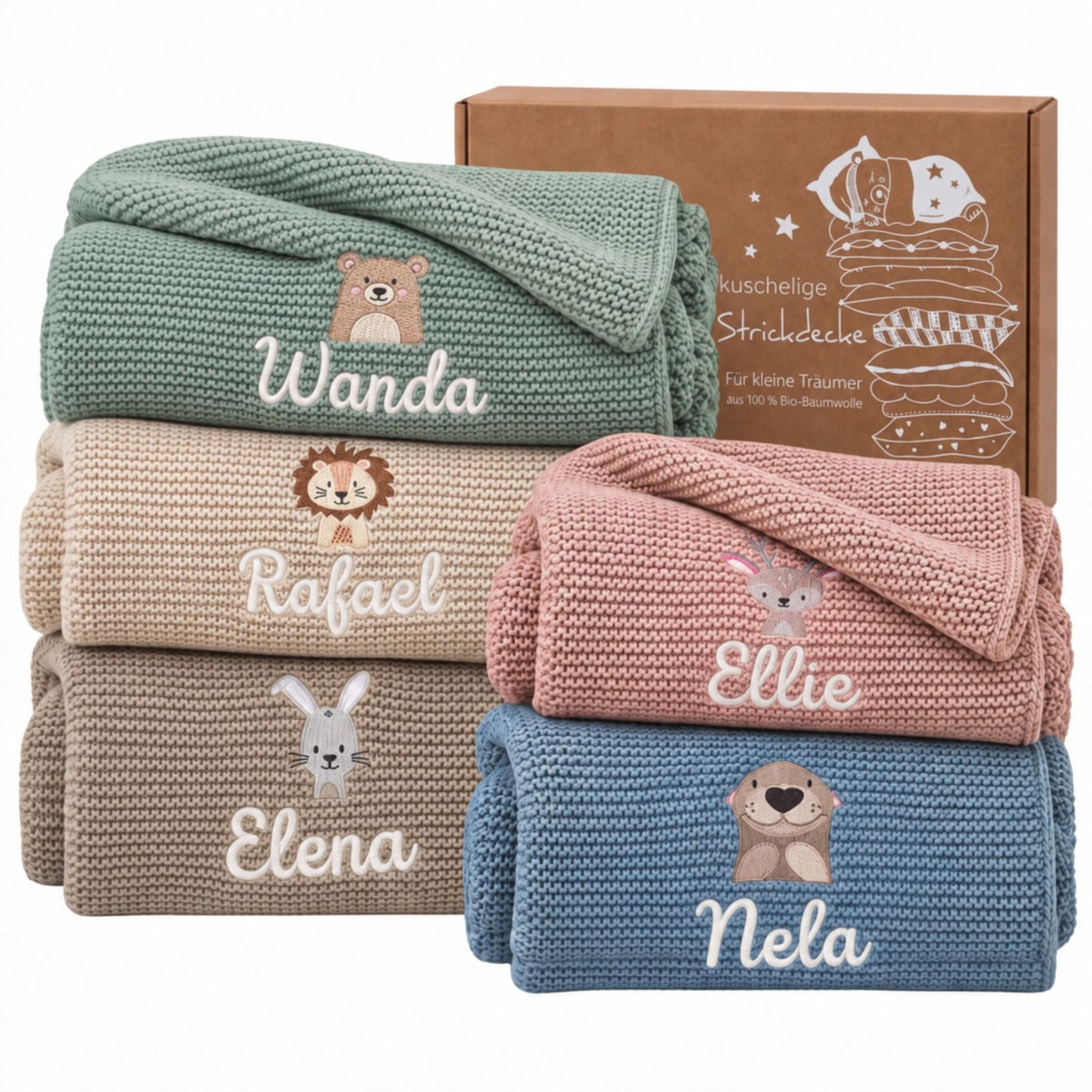Baby Strickdecke aus 100% Bio-Baumwolle personalisiert - Tierkopf - wunderwunsch