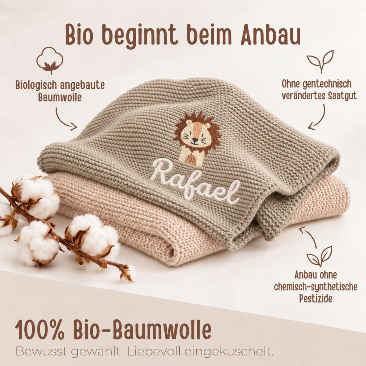 Baby Strickdecke aus 100% Bio-Baumwolle personalisiert - Tierkopf - wunderwunsch