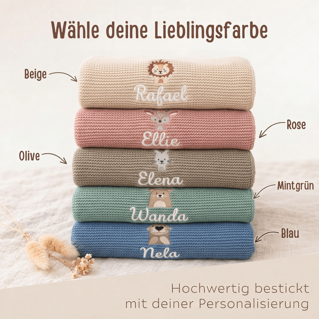 Baby Strickdecke aus 100% Bio-Baumwolle personalisiert - Tierkopf - wunderwunsch