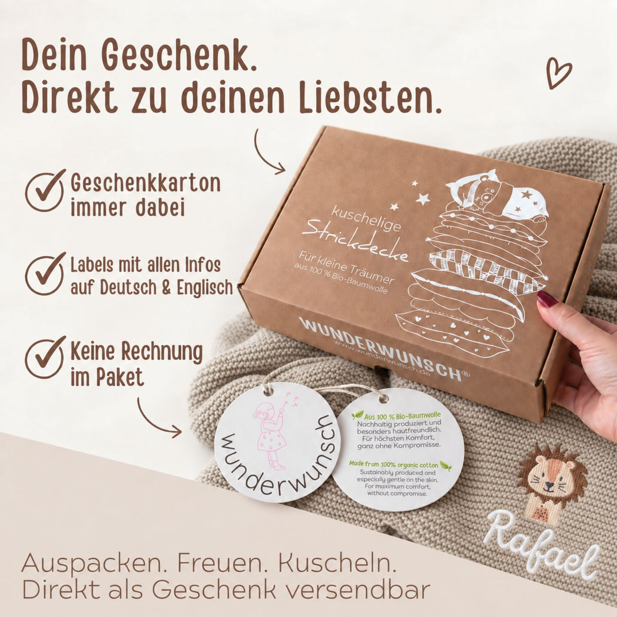Baby Strickdecke aus 100% Bio-Baumwolle personalisiert - Tierkopf - wunderwunsch