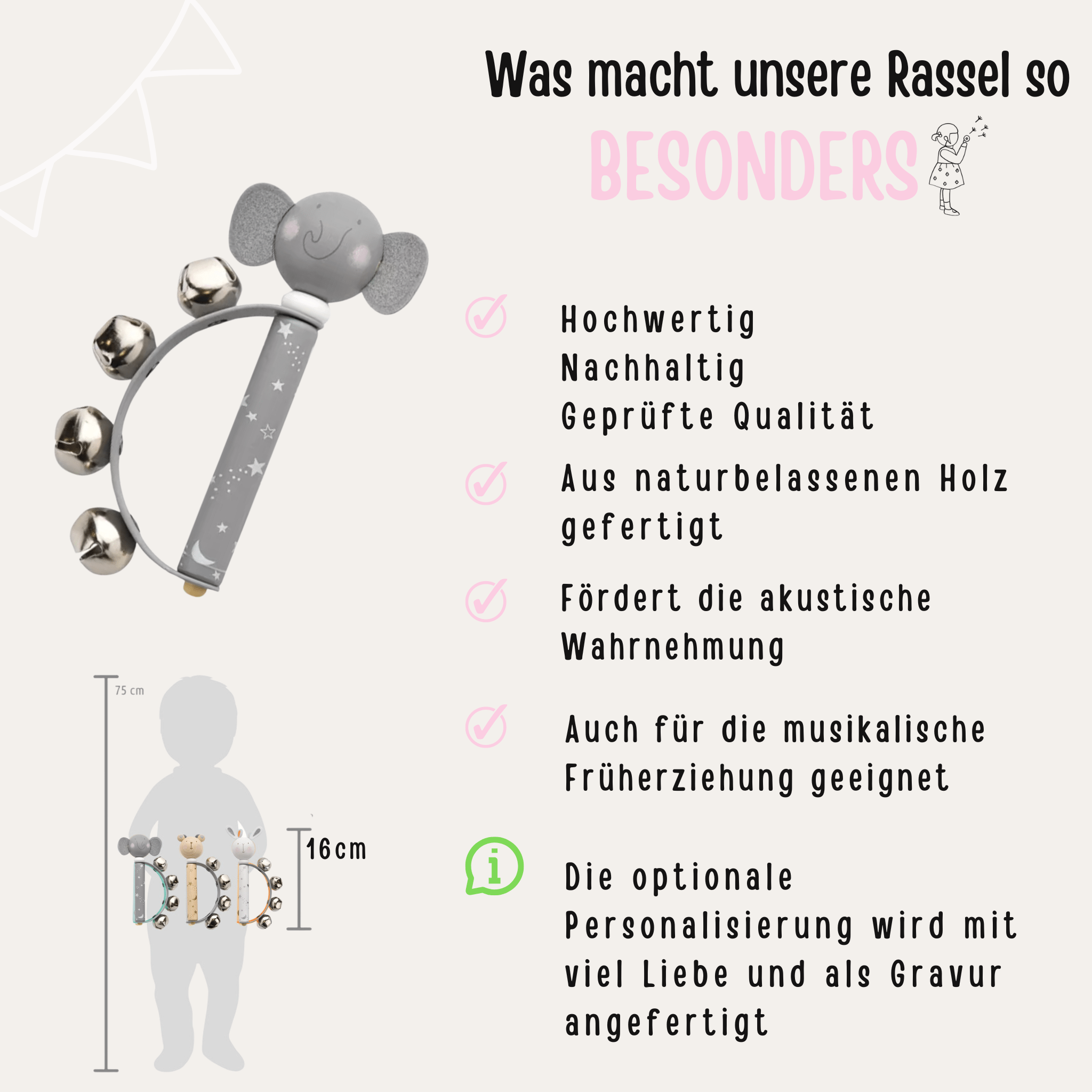 BAMBINO Glöckchen Rassel personalisiert - Träumerische Töne Hase, Elefant, Bär - wunderwunsch