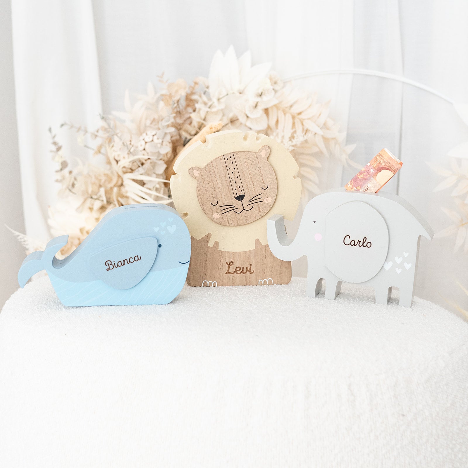 BAMBINO Spardose aus Holz Löwe, Elefant & Wal - personalisierbar - wunderwunsch