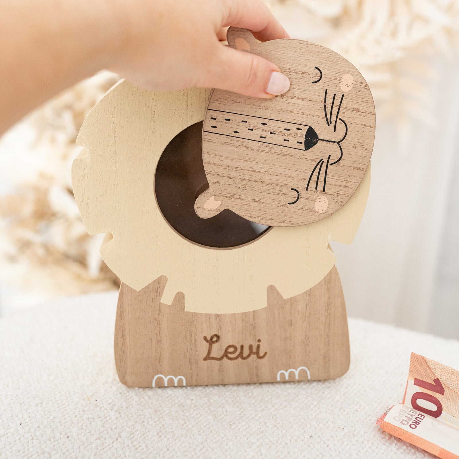 BAMBINO Spardose aus Holz Löwe, Elefant & Wal - personalisierbar - wunderwunsch