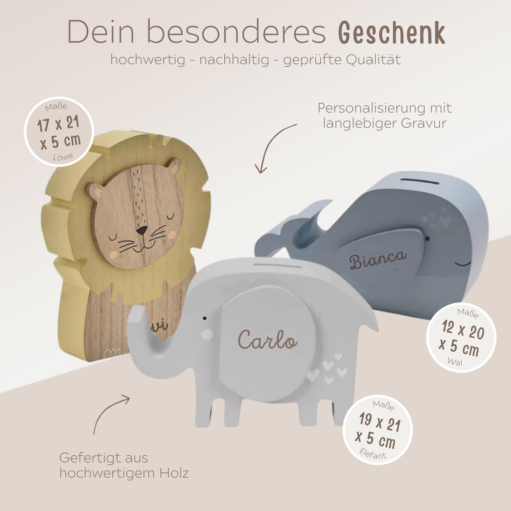 BAMBINO Spardose aus Holz Löwe, Elefant & Wal - personalisierbar - wunderwunsch