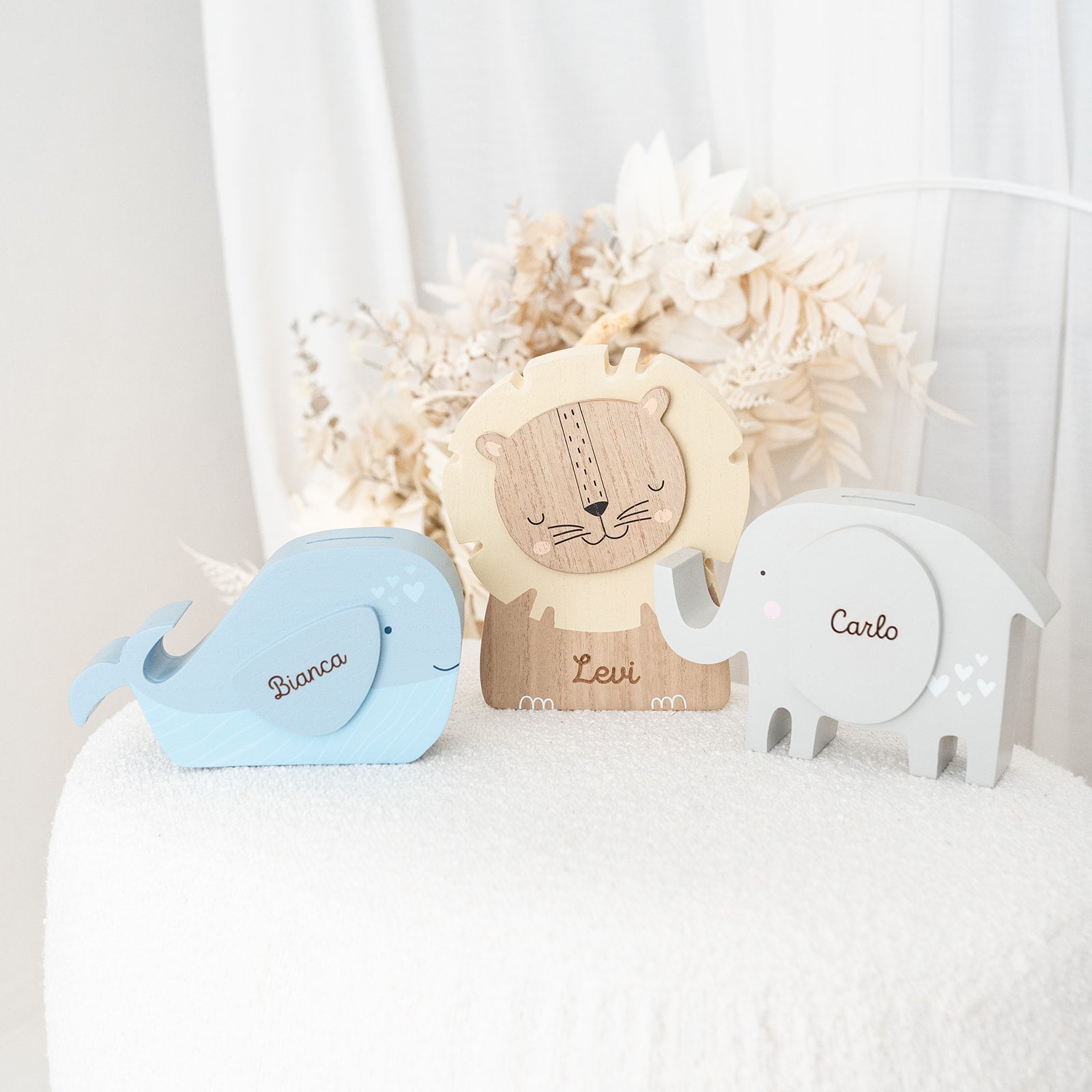 BAMBINO Spardose aus Holz Löwe, Elefant & Wal - personalisierbar - wunderwunsch