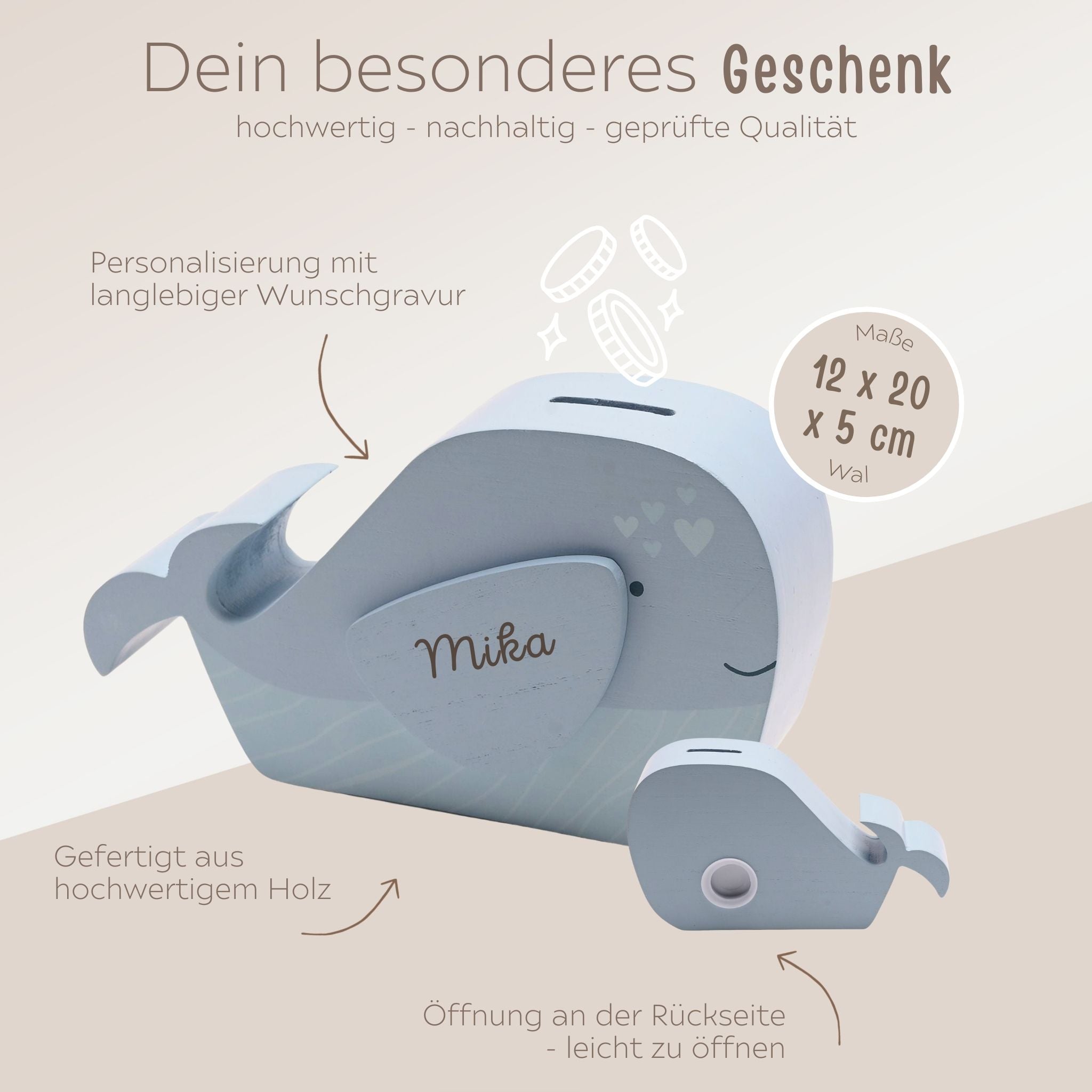 BAMBINO Spardose aus Holz Löwe, Elefant & Wal - personalisierbar - wunderwunsch