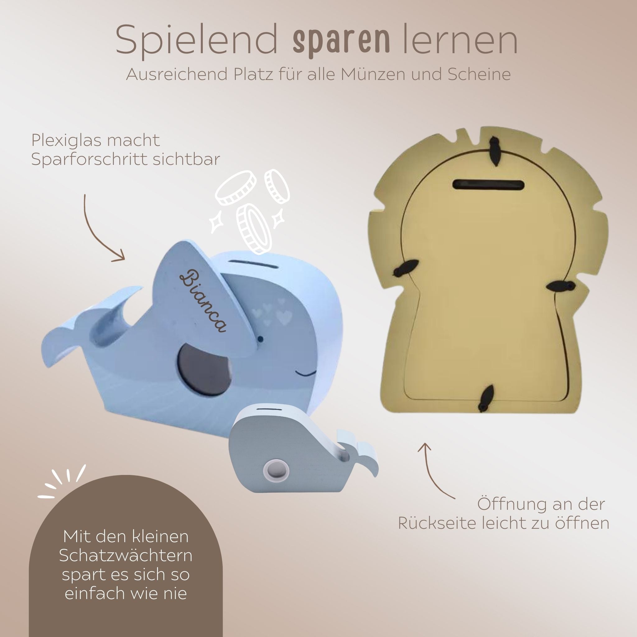 BAMBINO Spardose aus Holz Löwe, Elefant & Wal - personalisierbar - wunderwunsch