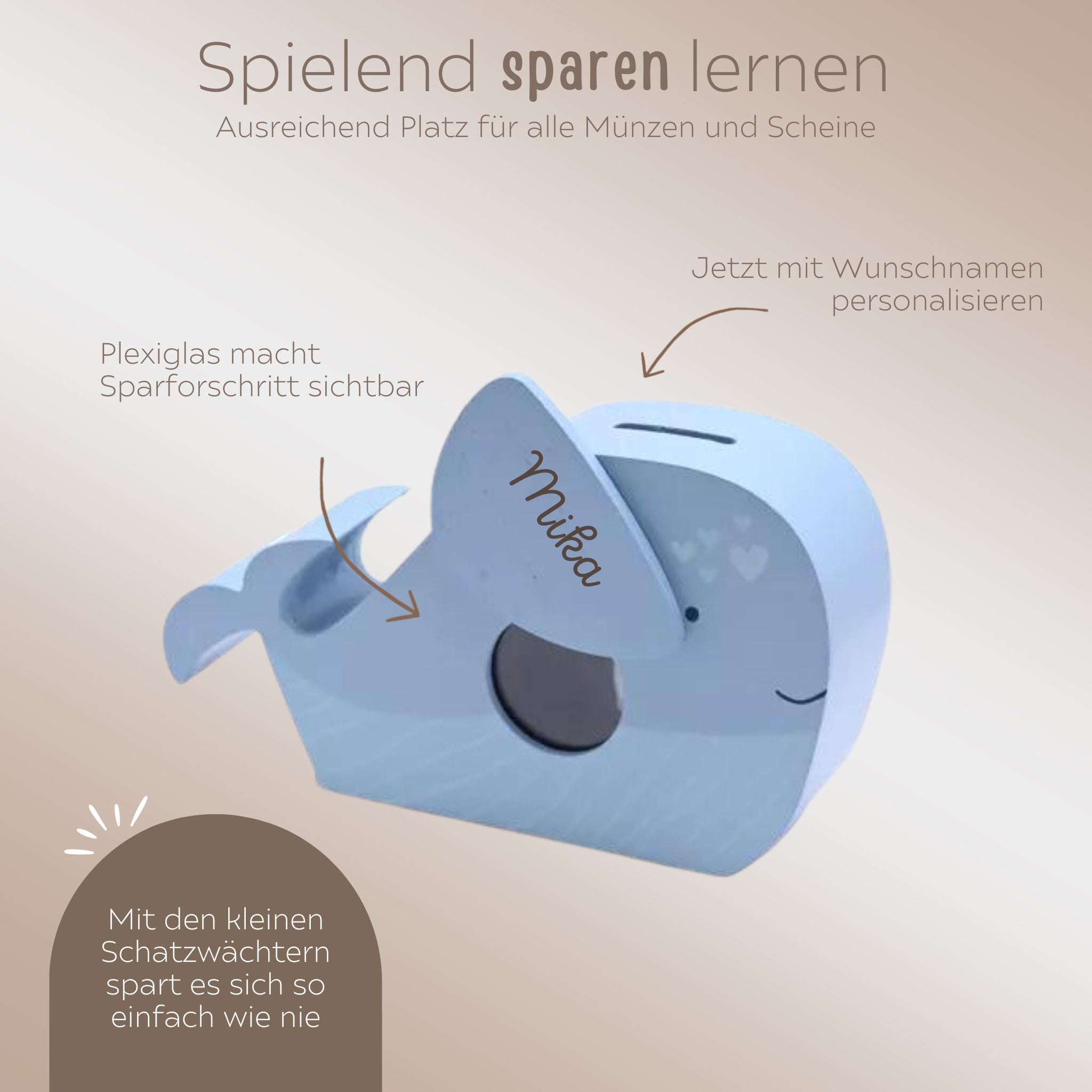 BAMBINO Spardose aus Holz Löwe, Elefant & Wal - personalisierbar - wunderwunsch
