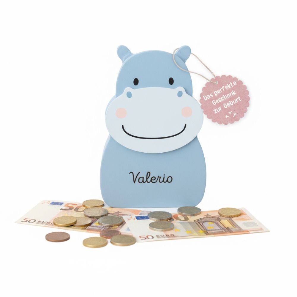 BAMBINO Spardose Holz mit Wunschnamen - Nilpferd - wunderwunsch