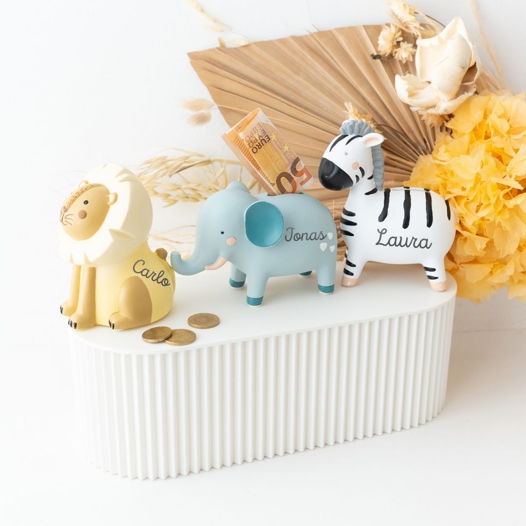 BAMBINO Spardose Resin Löwe, Elefant, Zebra - personalisierbar - wunderwunsch