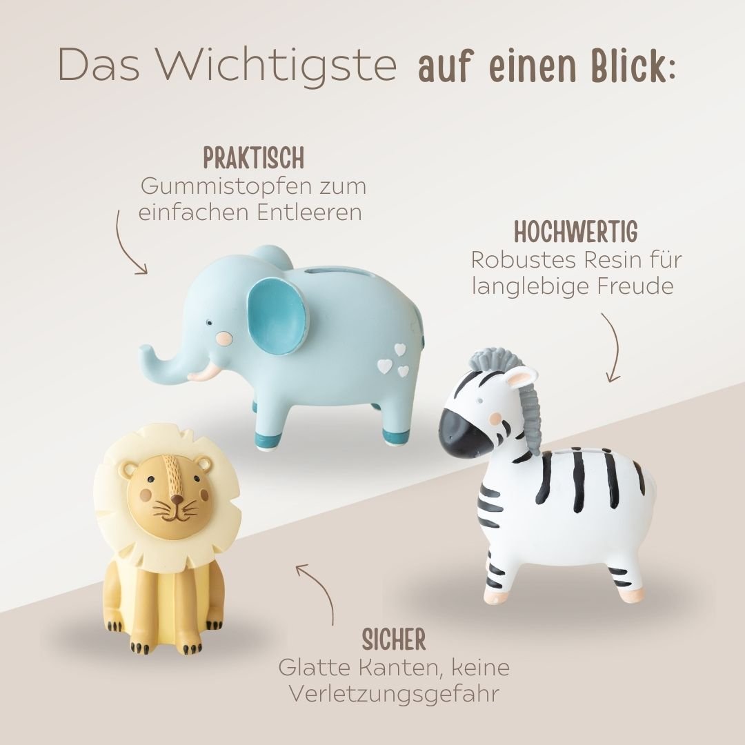 BAMBINO Spardose Resin Löwe, Elefant, Zebra - personalisierbar - wunderwunsch