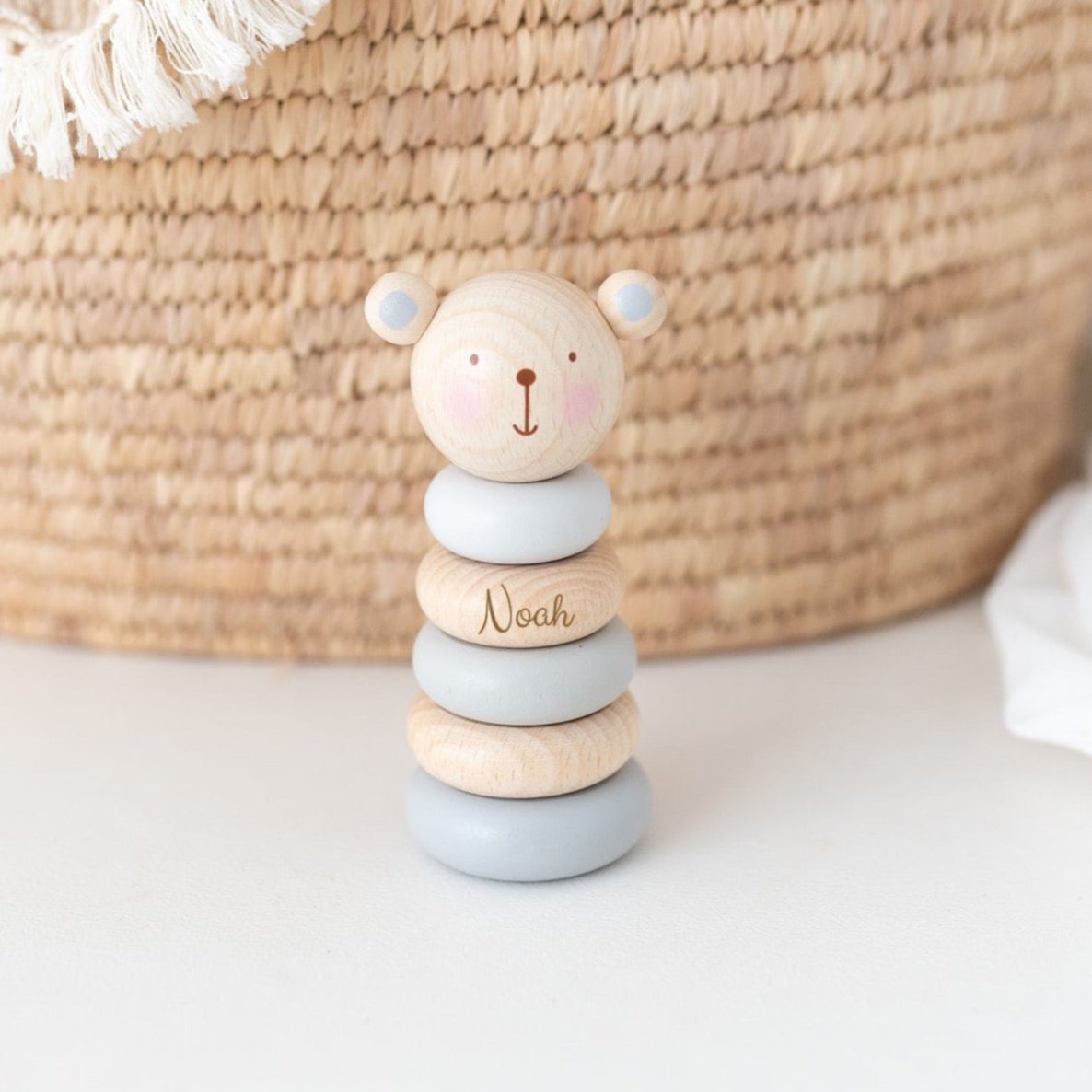 BAMBINO Stapelturm Holz Pastellblau Tier personalisiert - wunderwunsch