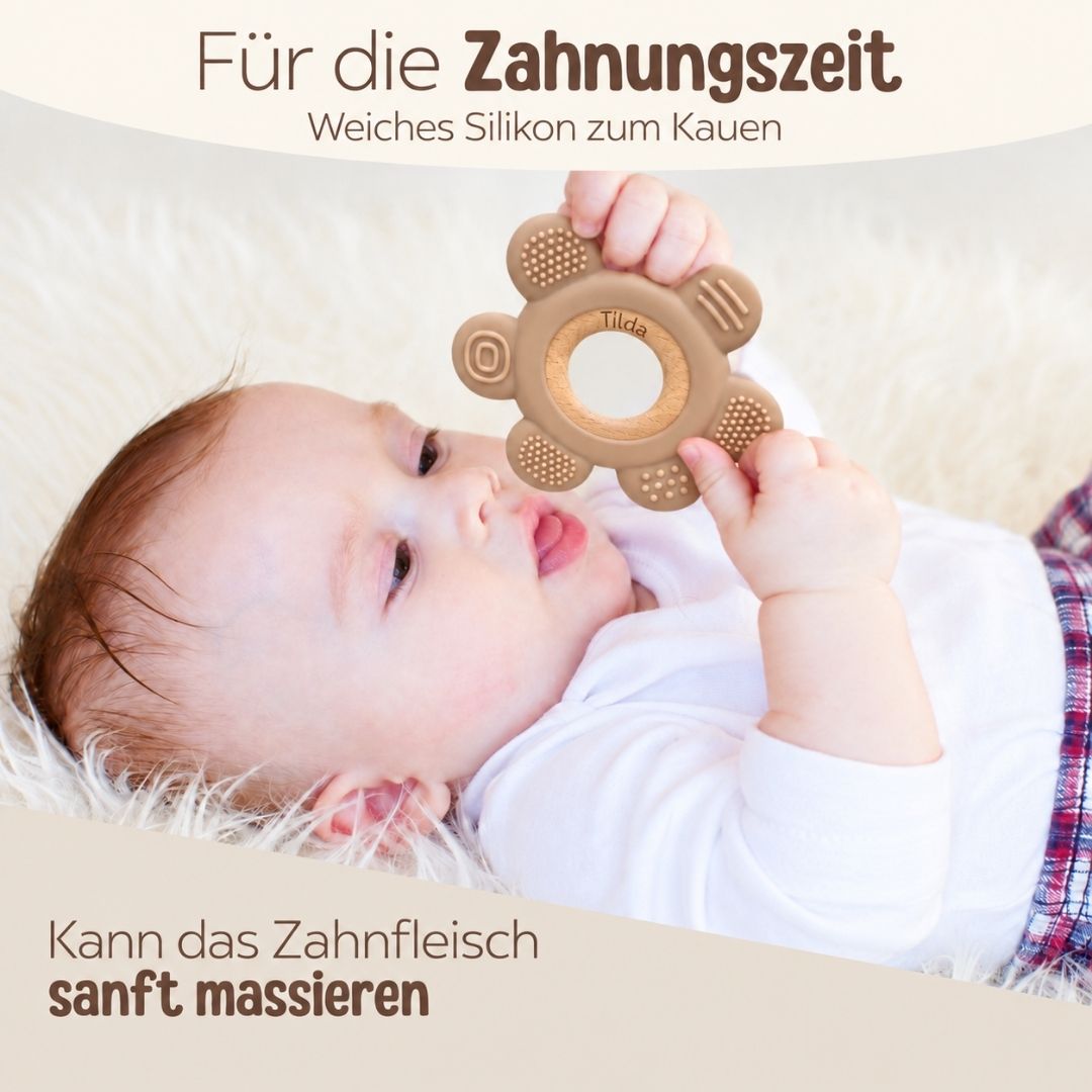 Beißring aus Holz & Silikon personalisiert - Blume - wunderwunsch