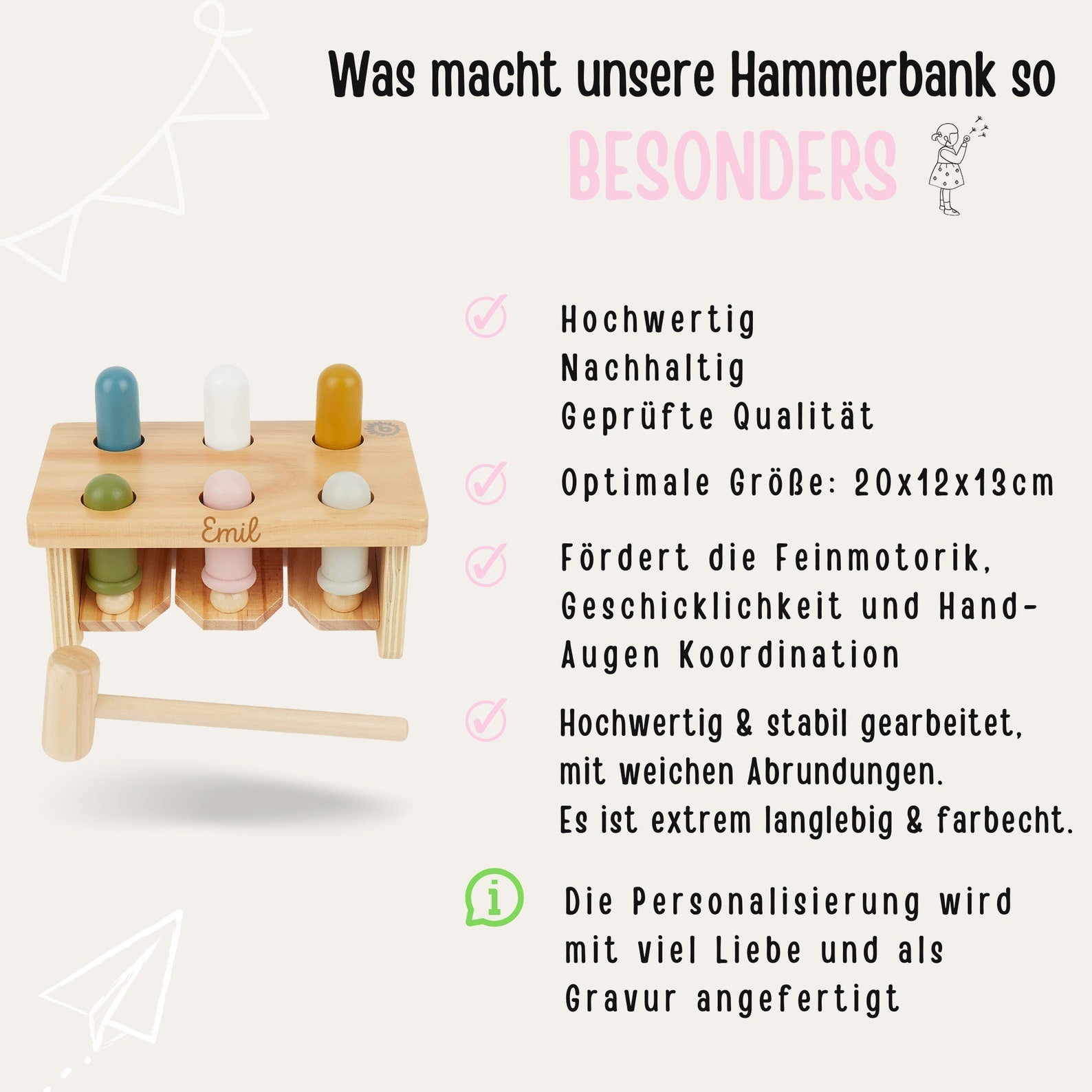 BIECO Klopfbank Holz mehrfarbig personalisiert - wunderwunsch