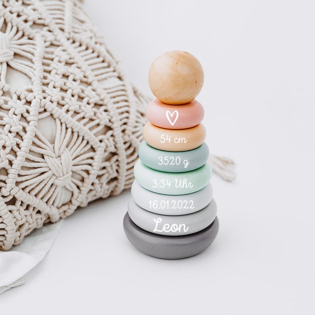 BIECO Stapelturm Holz personalisiert - rosa und blau - wunderwunsch