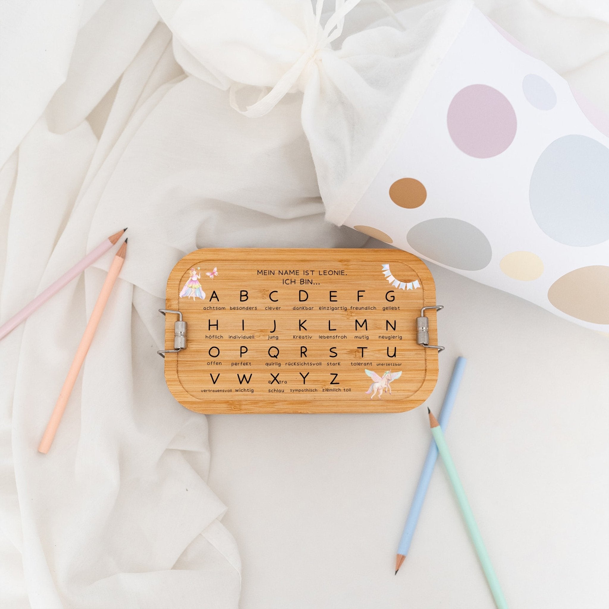 Brotdose Edelstahl personalisiert - ABC Affirmationen Aquarell - wunderwunsch
