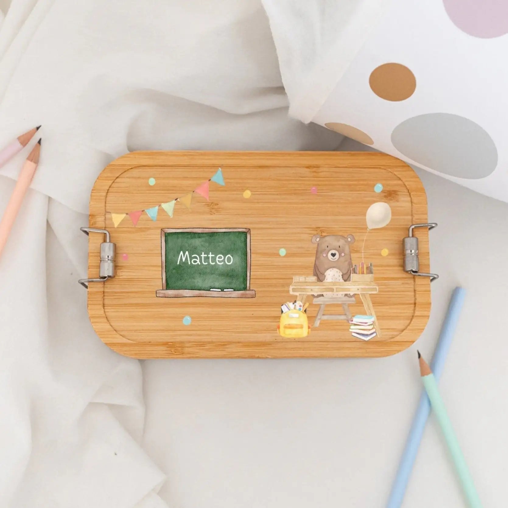 Brotdose Edelstahl personalisiert - Bär Schultisch Aquarell - wunderwunsch