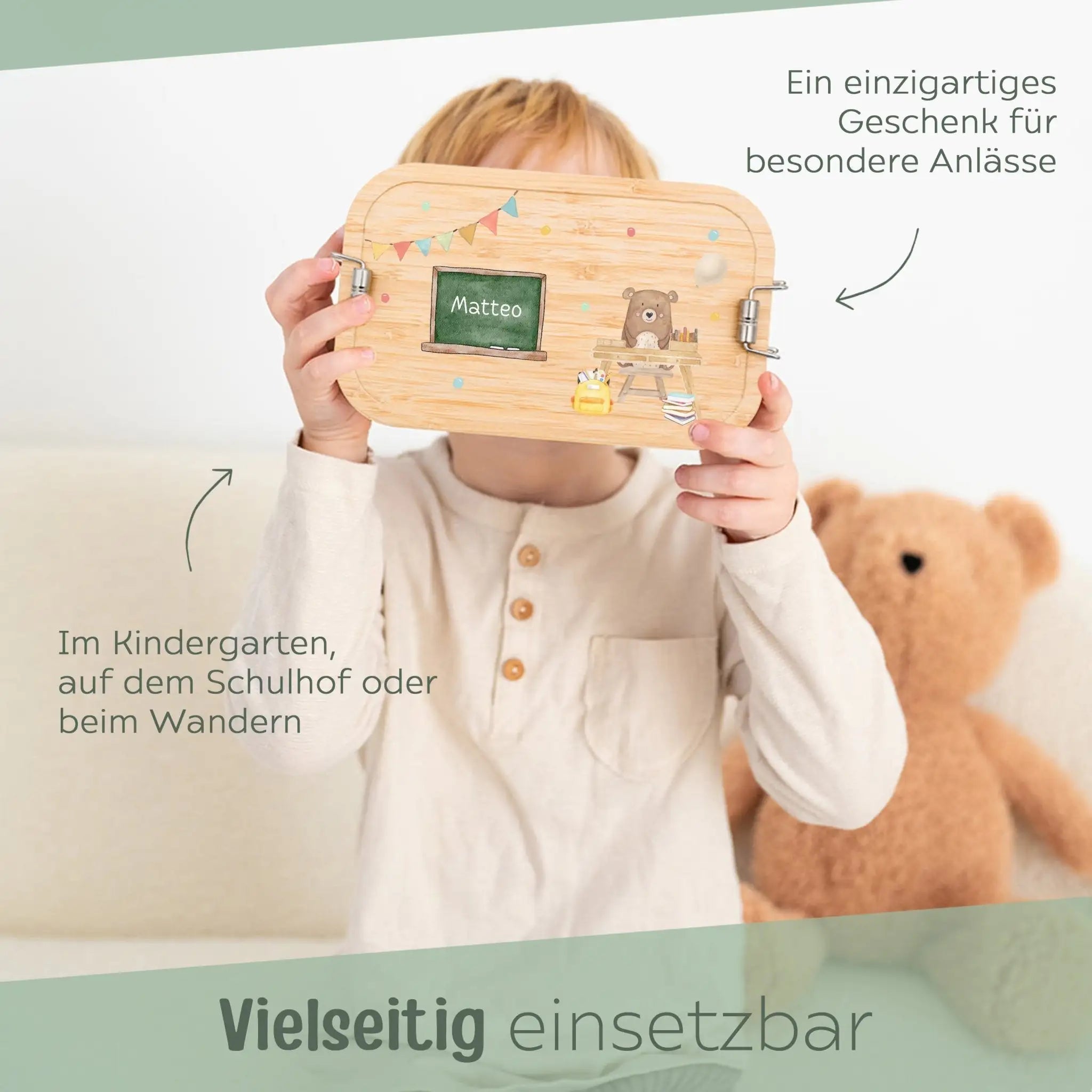 Brotdose Edelstahl personalisiert - Bär Schultisch Aquarell - wunderwunsch