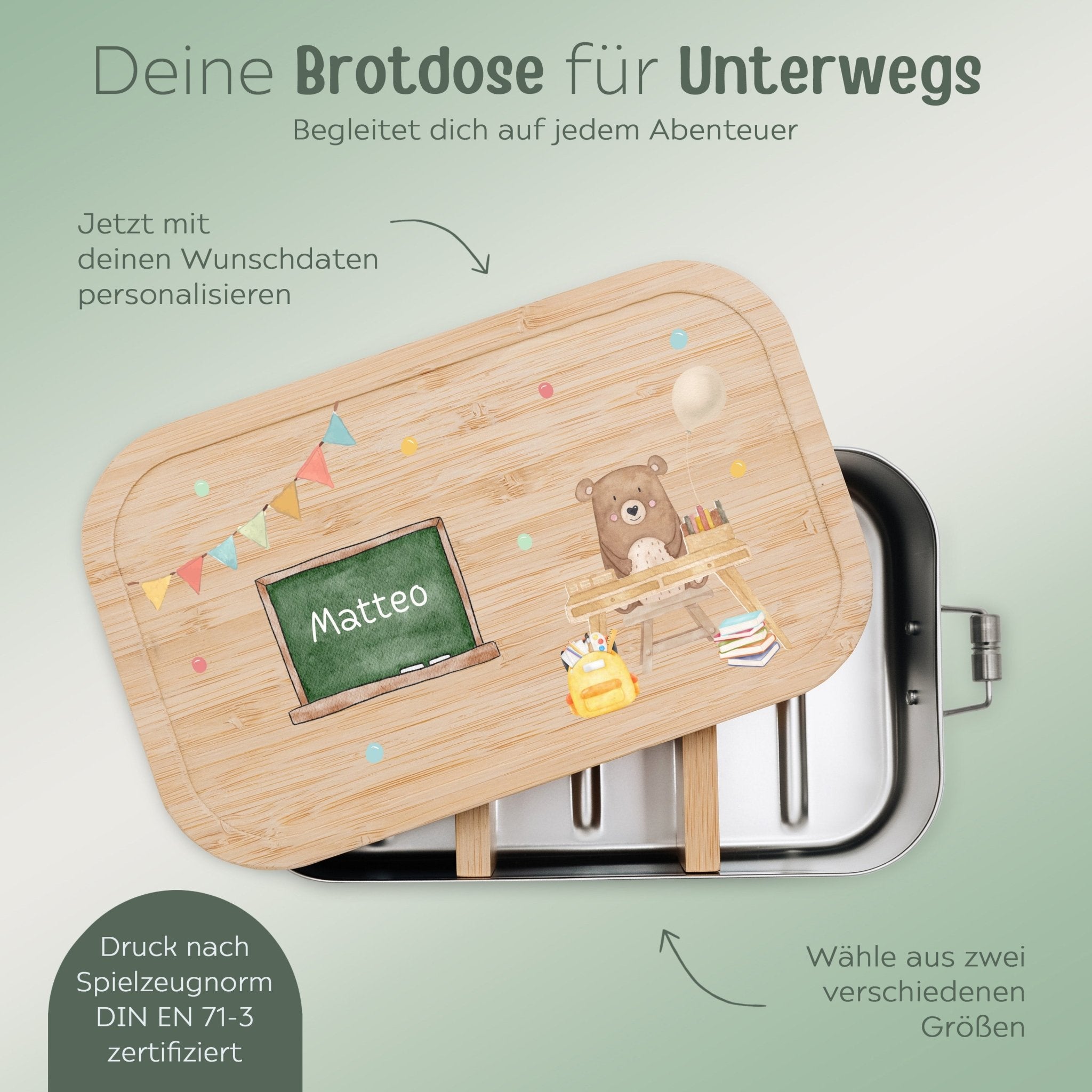 Brotdose Edelstahl personalisiert - Bär Schultisch Aquarell - wunderwunsch