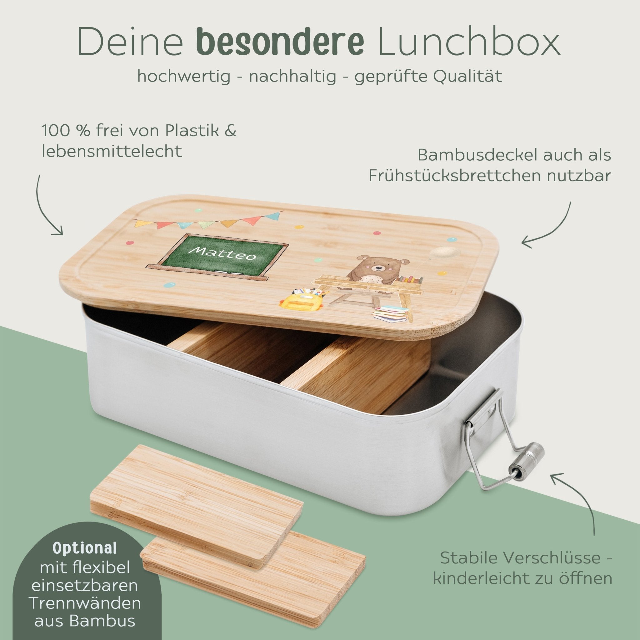 Brotdose Edelstahl personalisiert - Bär Schultisch Aquarell - wunderwunsch