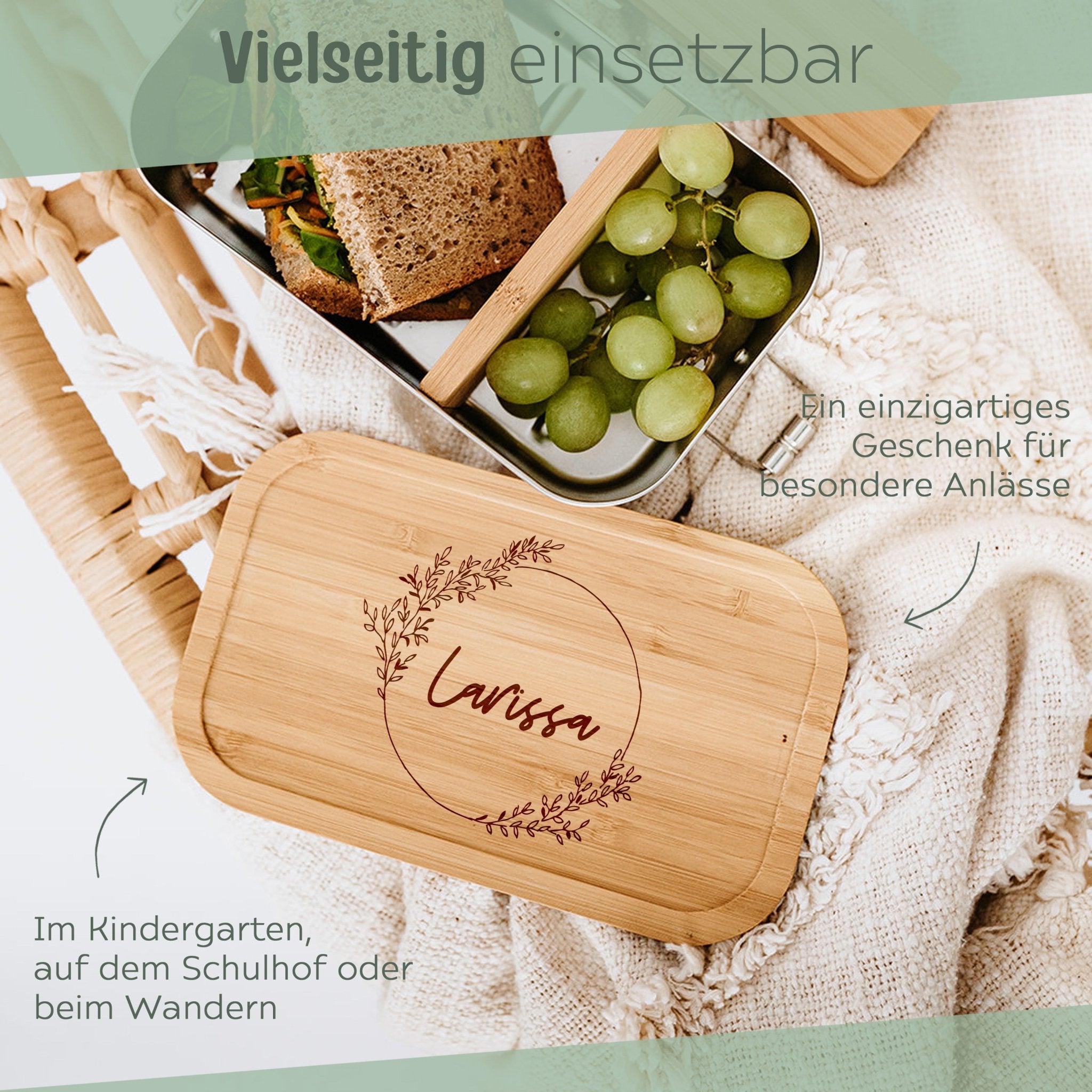 Brotdose Edelstahl personalisiert - Blumenkranz Gravur - wunderwunsch