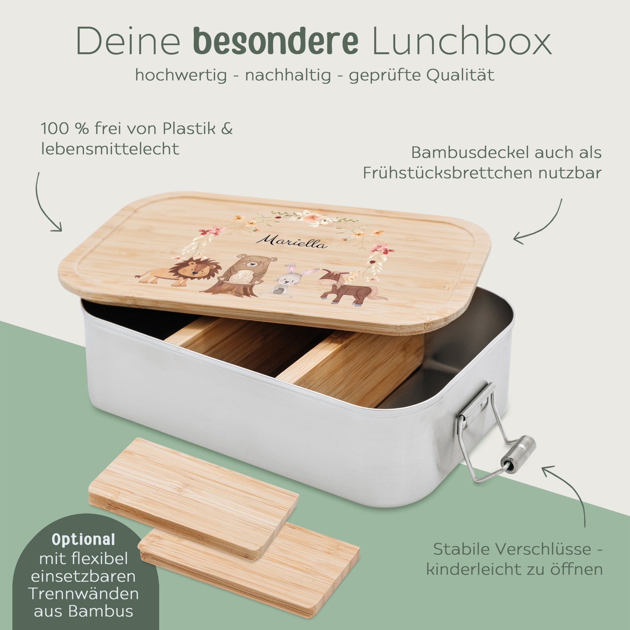 Brotdose Edelstahl personalisiert - Blumenkranz Tiere Aquarell - wunderwunsch