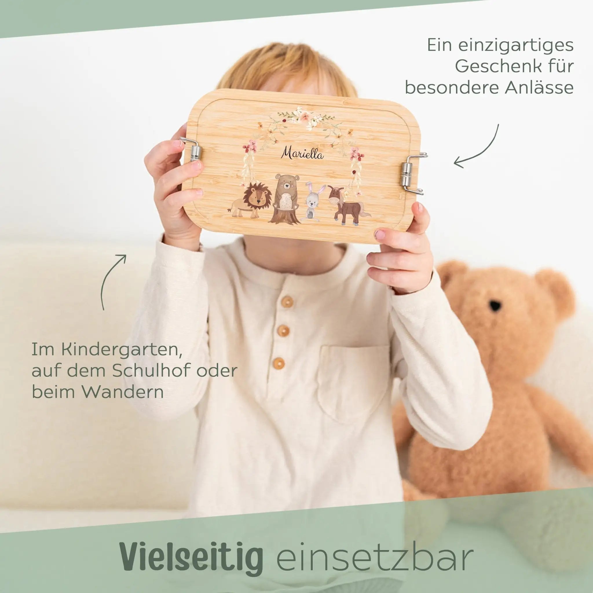 Brotdose Edelstahl personalisiert - Blumenkranz Tiere Aquarell - wunderwunsch