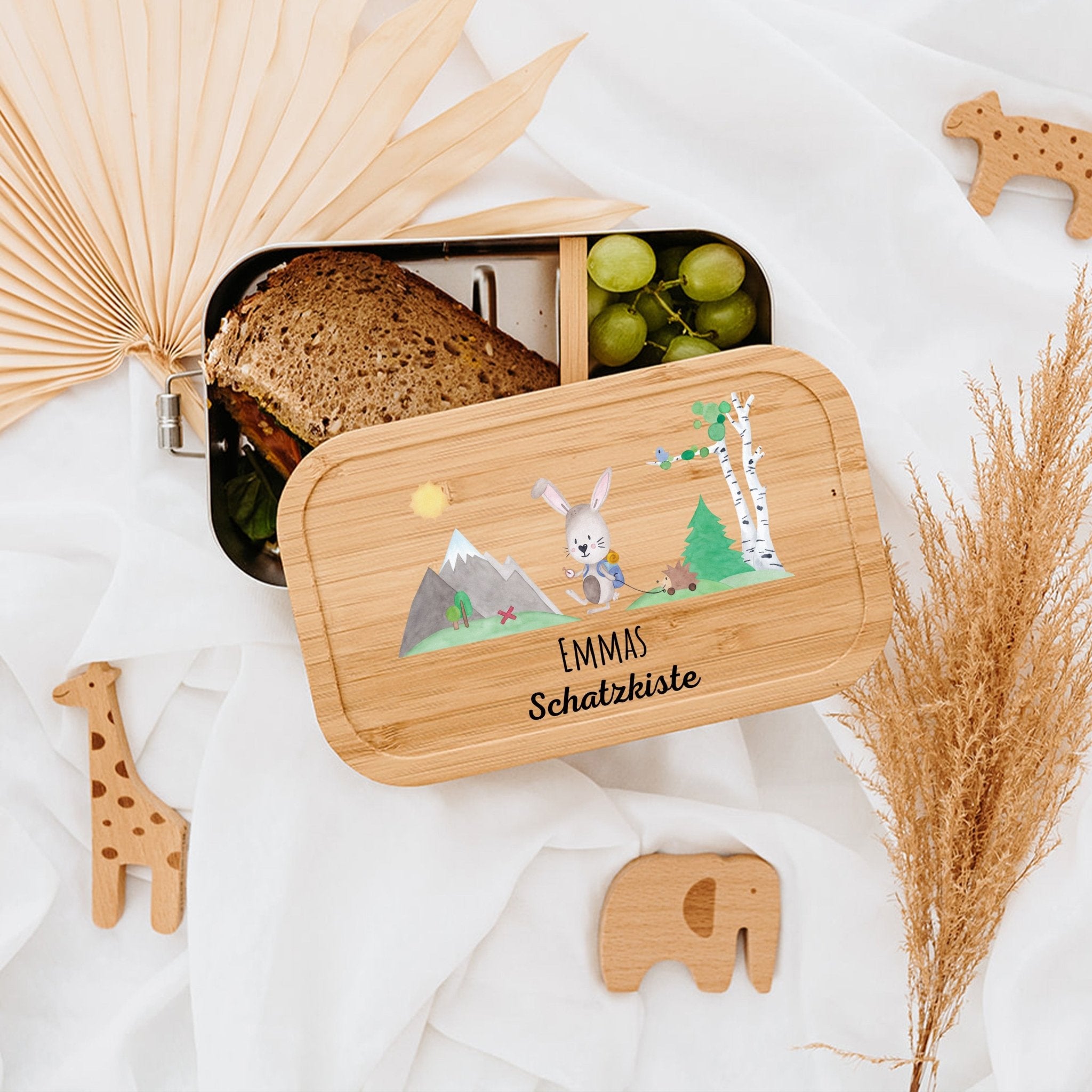 Brotdose Edelstahl personalisiert - Hase Schatzkiste Aquarell - wunderwunsch