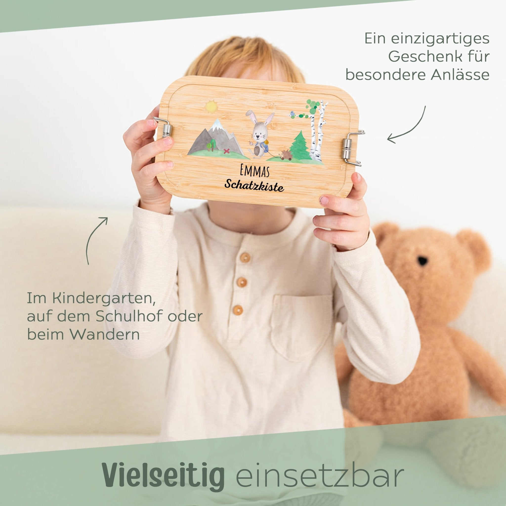 Brotdose Edelstahl personalisiert - Hase Schatzkiste Aquarell - wunderwunsch