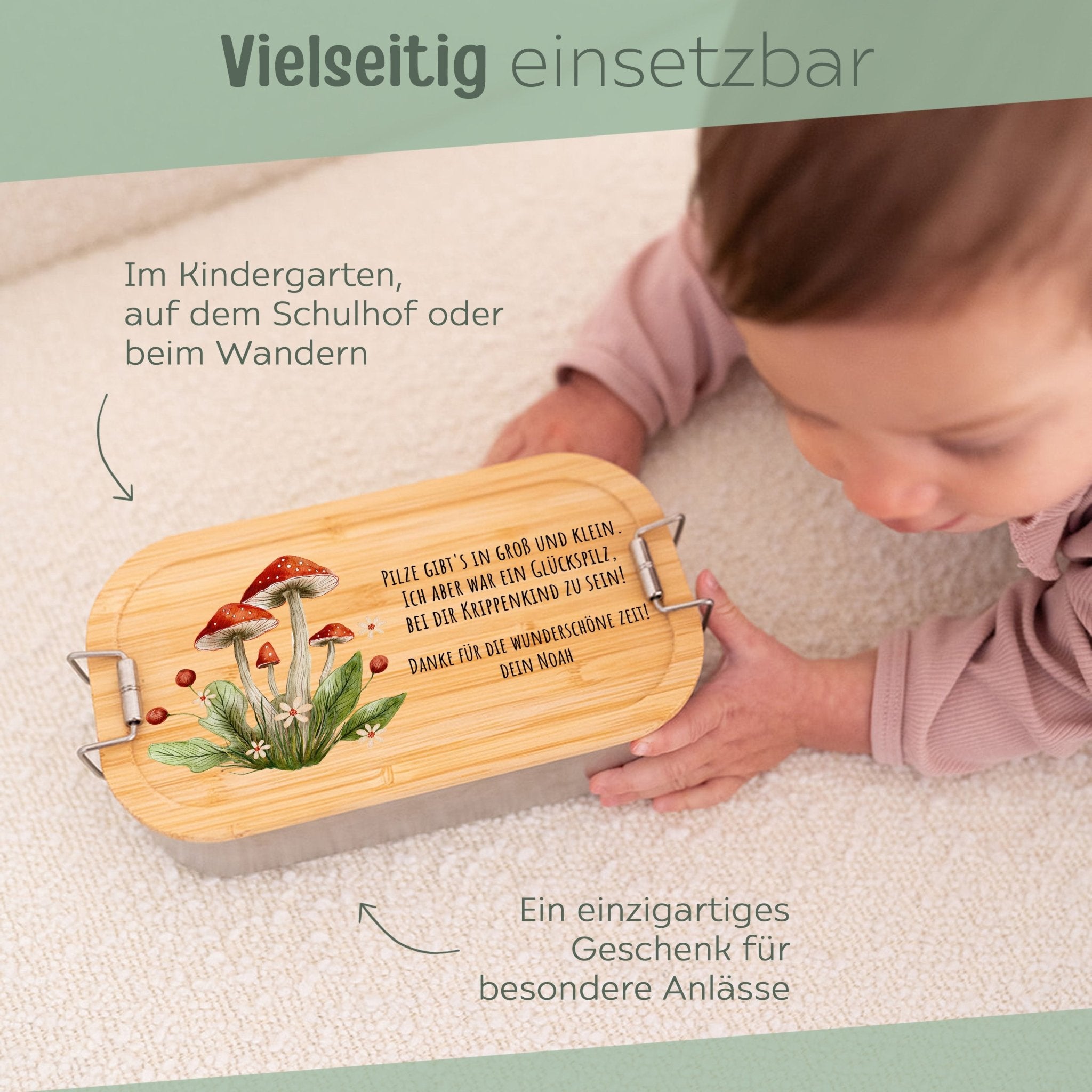 Brotdose Edelstahl personalisiert - Krippenkind Glückspilz Aquarell - wunderwunsch