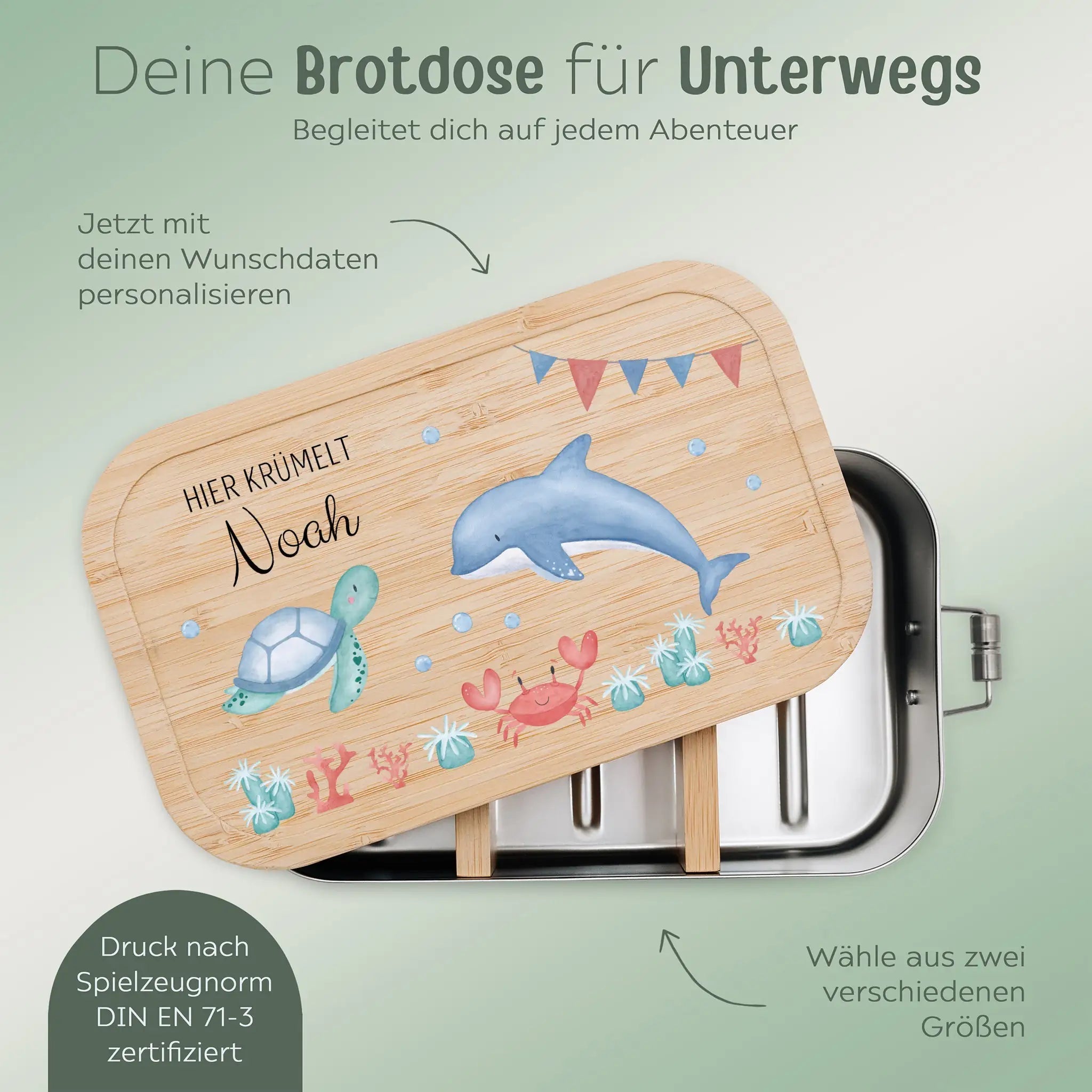 Brotdose Edelstahl personalisiert - Meerestiere Girlande Aquarell - wunderwunsch