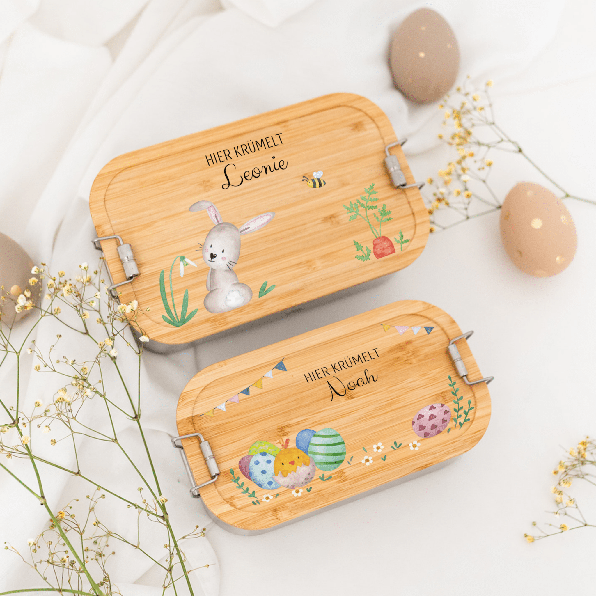 Brotdose Edelstahl personalisiert - Osterhase und Eiersuche Aquarell - wunderwunsch