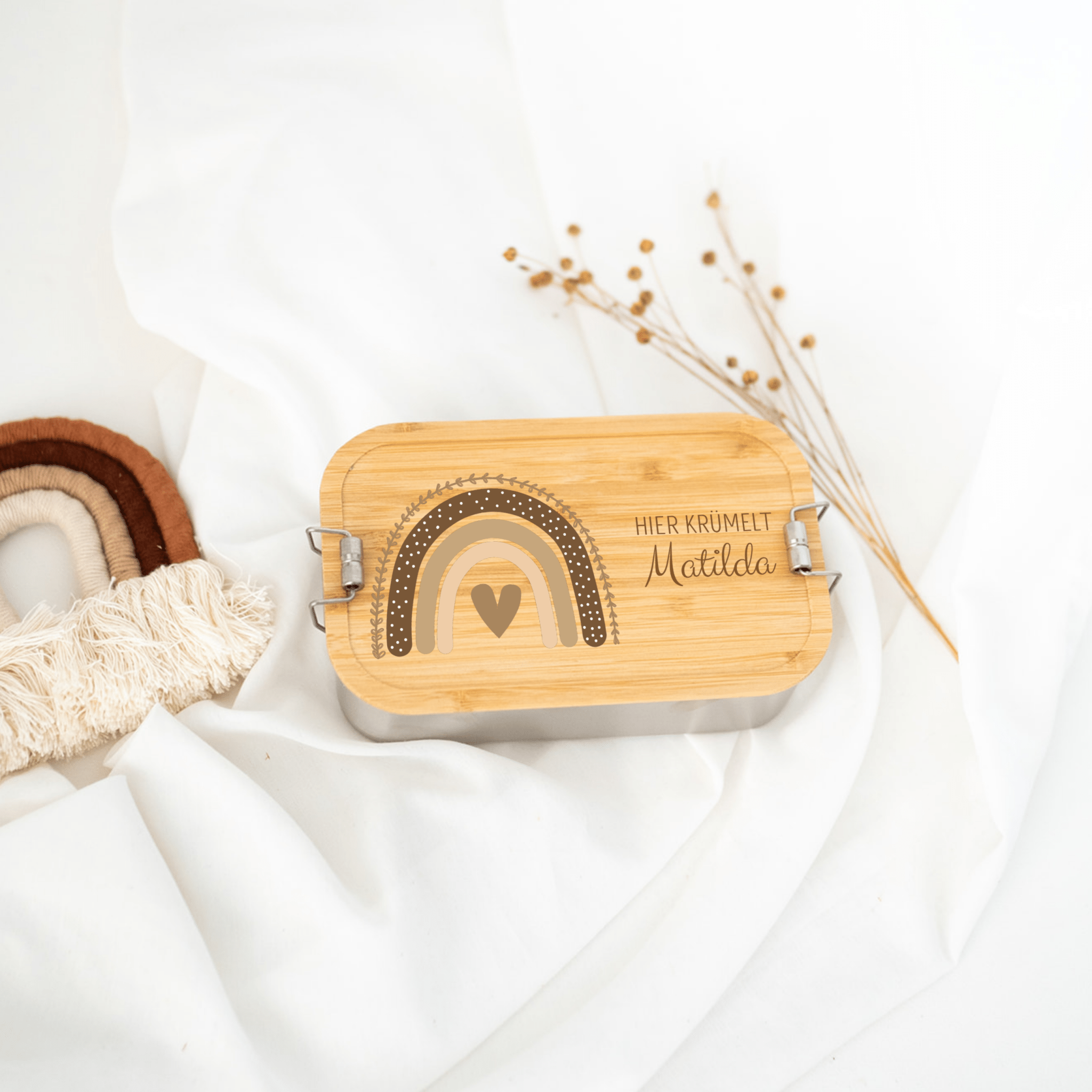 Brotdose Edelstahl personalisiert - Regenbogen beige Aquarell - wunderwunsch