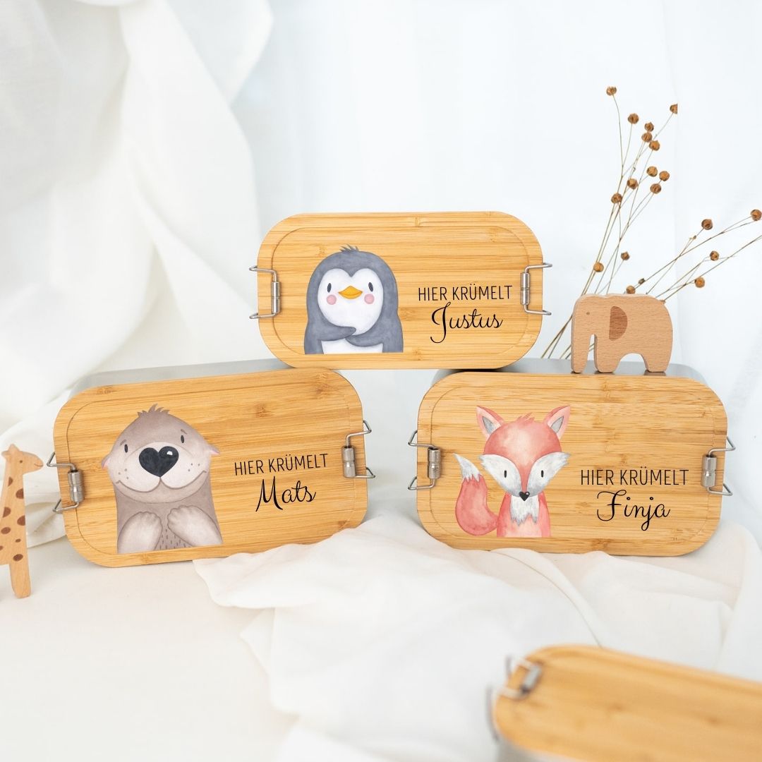 Brotdose Edelstahl personalisiert - Tier links Aquarell - wunderwunsch