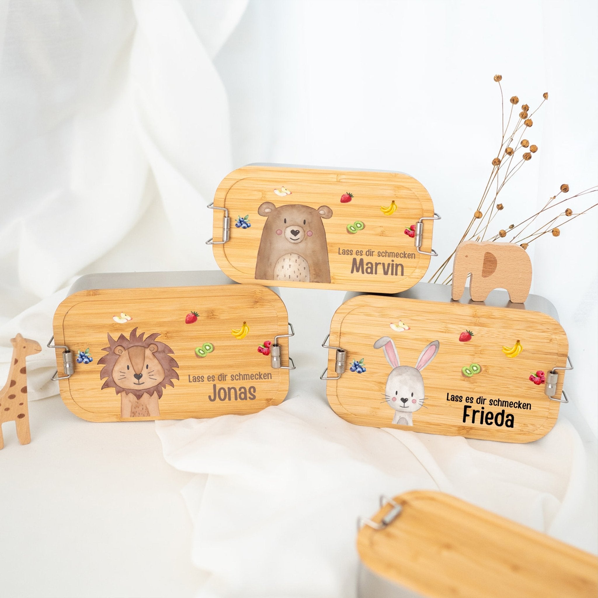 Brotdose Edelstahl personalisiert - Tiere mit Obst Aquarell - wunderwunsch