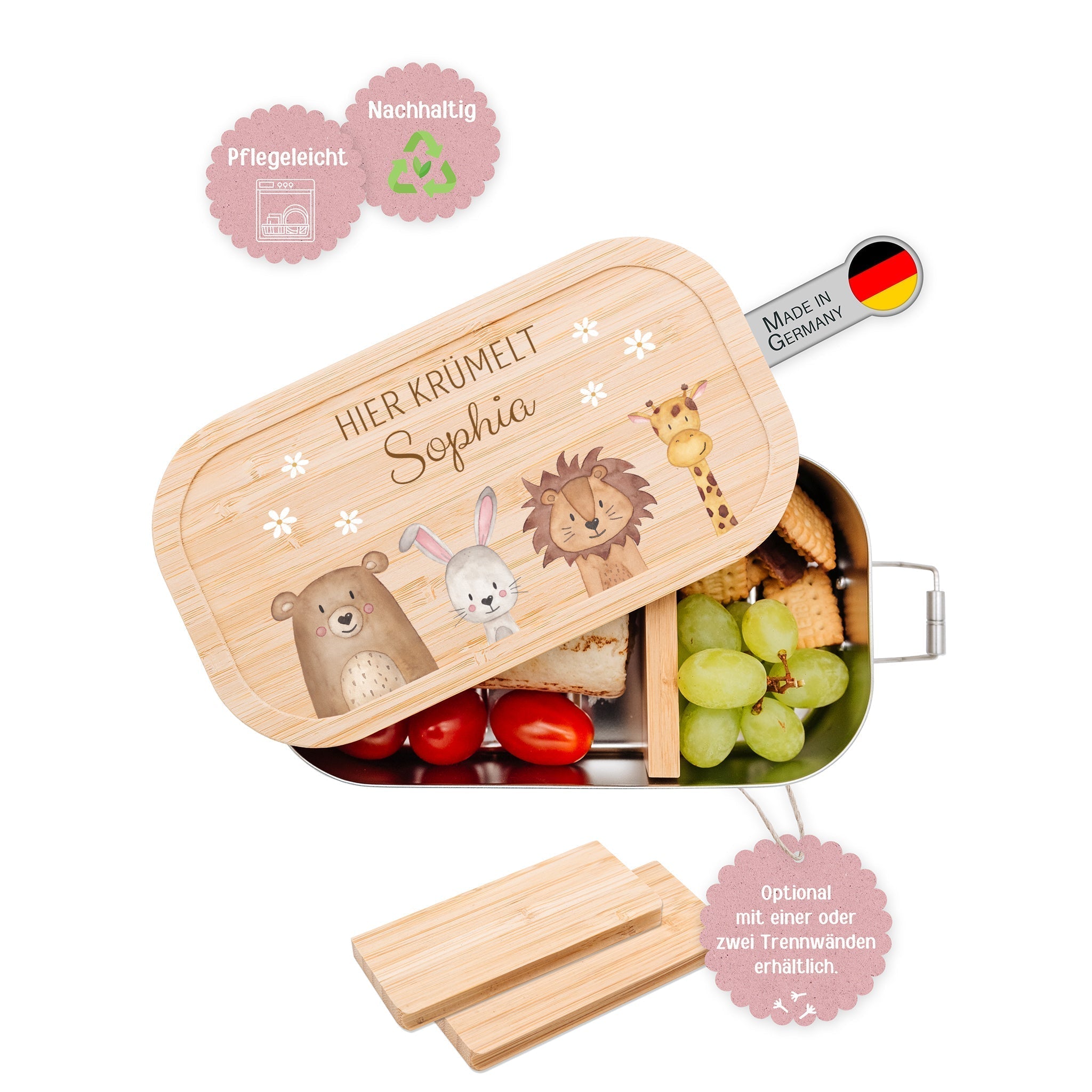 Brotdose Edelstahl personalisiert - Tiere unten Blümchen Aquarell - wunderwunsch