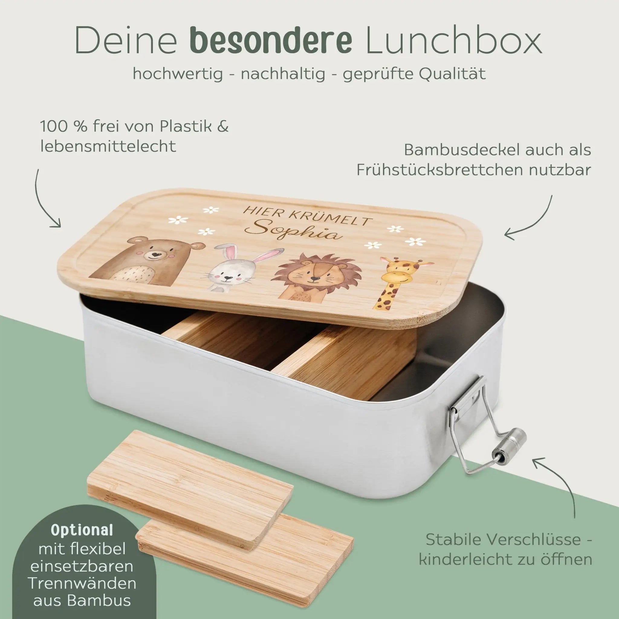 Brotdose Edelstahl personalisiert - Tiere unten Blümchen Aquarell - wunderwunsch