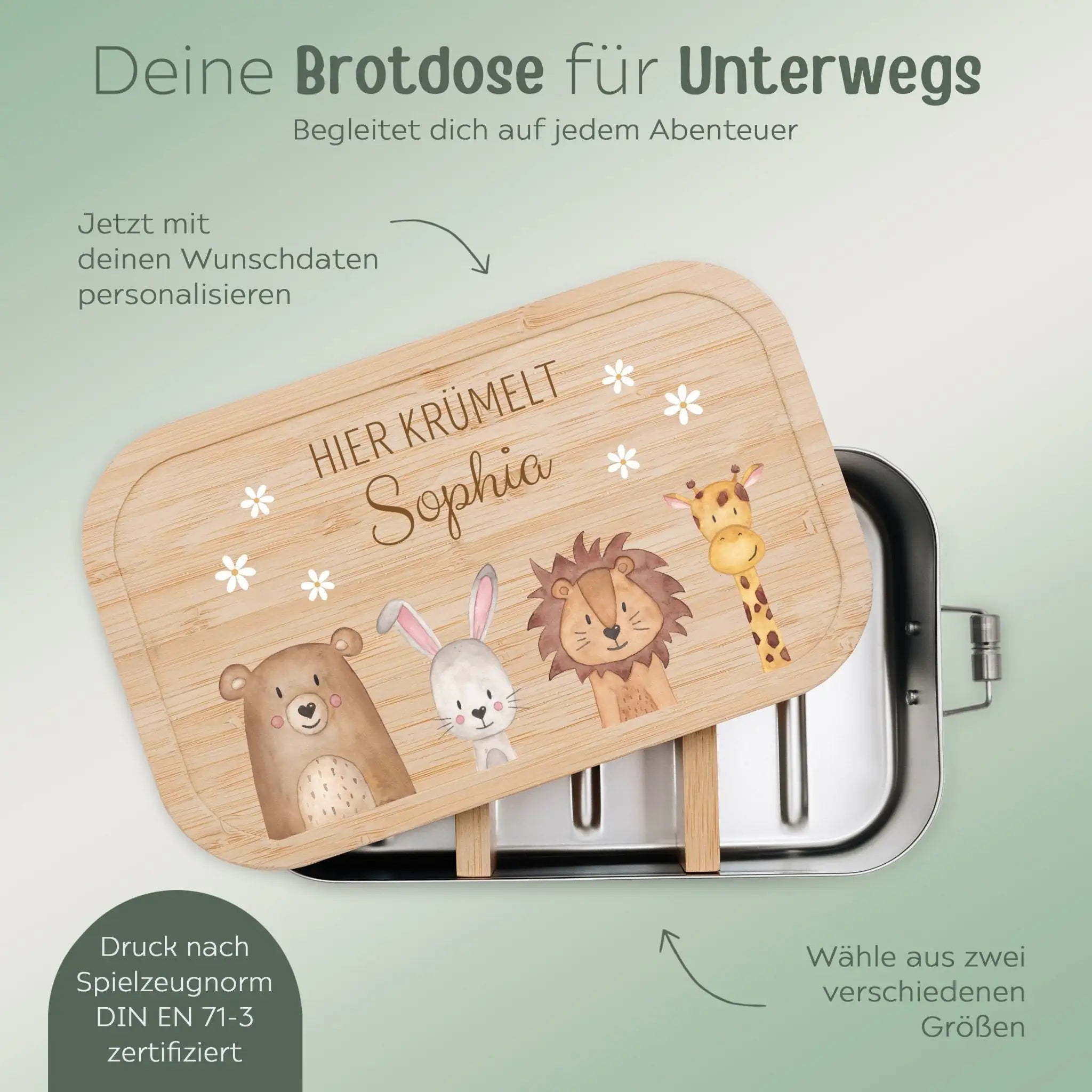 Brotdose Edelstahl personalisiert - Tiere unten Blümchen Aquarell - wunderwunsch